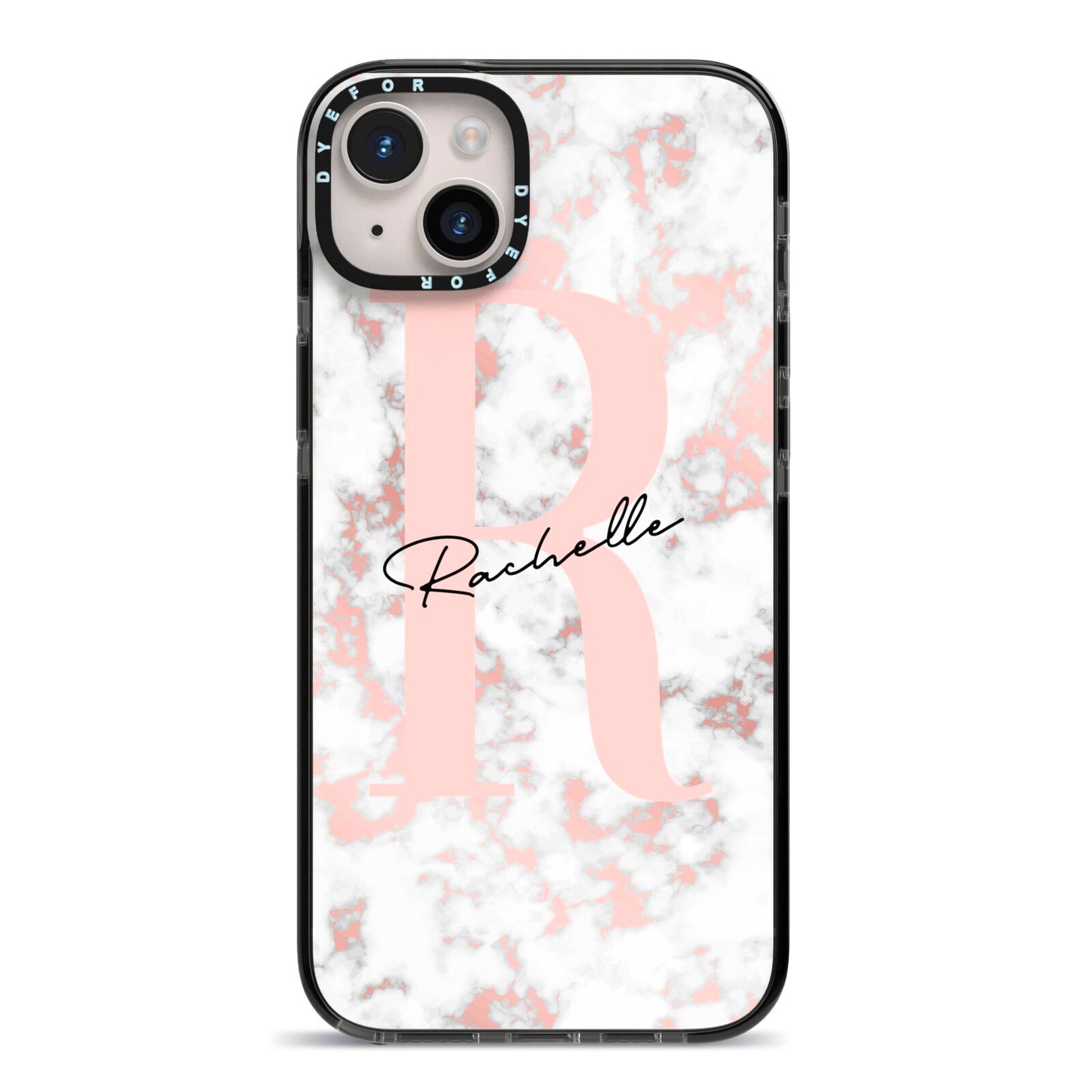 Monogrammed Rose Gold Marble iPhone 14 Plus Black Impact Case on Silver phone