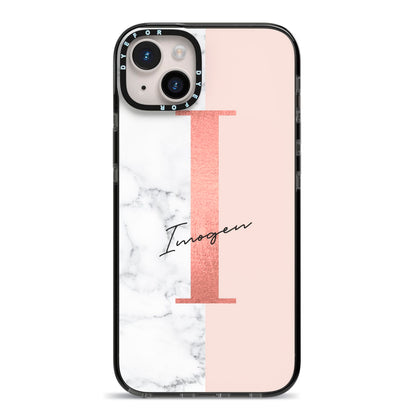 Monogrammed Rose Gold Marble iPhone 14 Plus Black Impact Case on Silver phone
