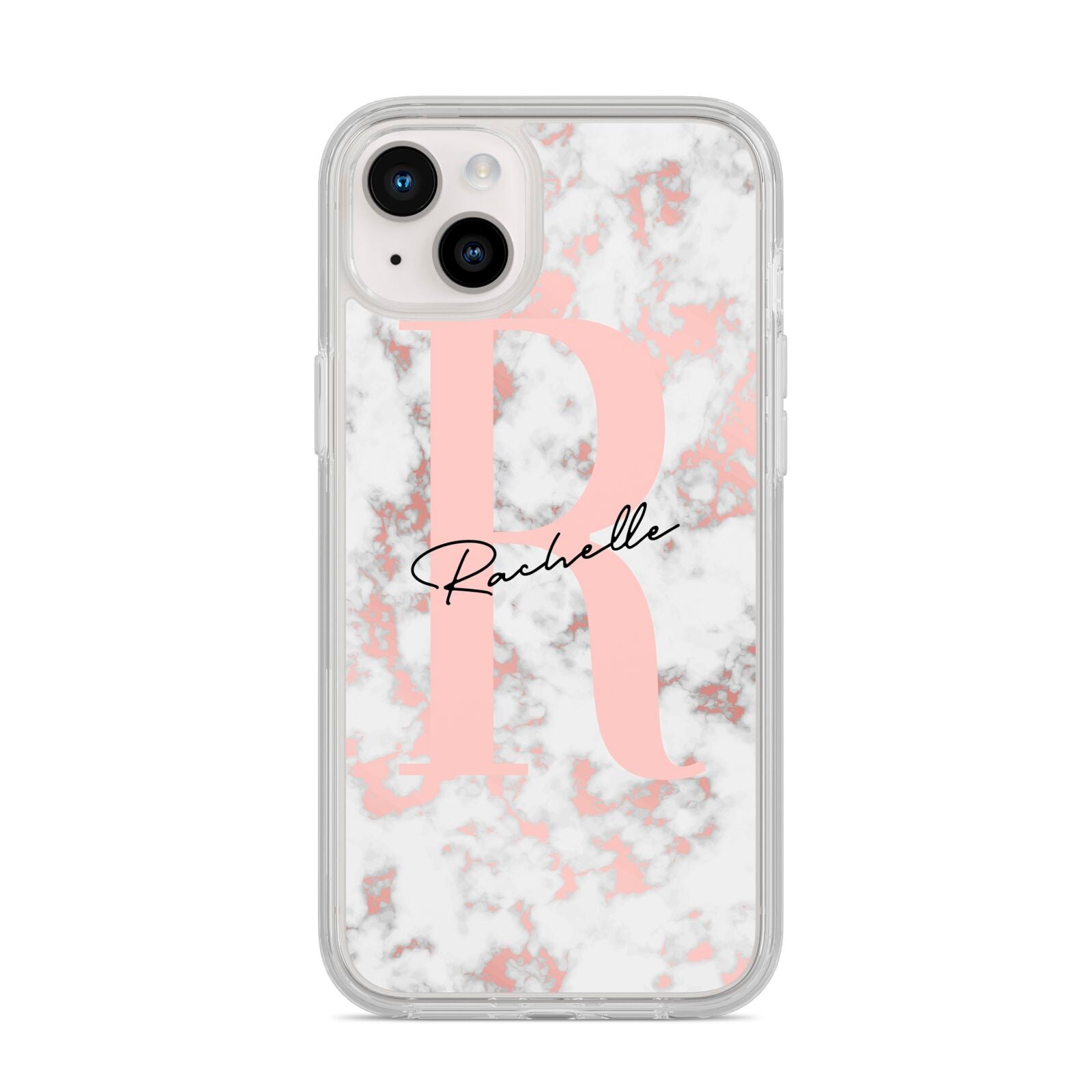 Monogrammed Rose Gold Marble iPhone 14 Plus Clear Tough Case Starlight