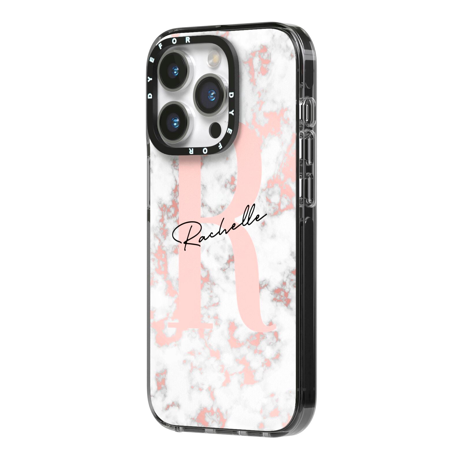 Monogrammed Rose Gold Marble iPhone 14 Pro Black Impact Case Side Angle on Silver phone