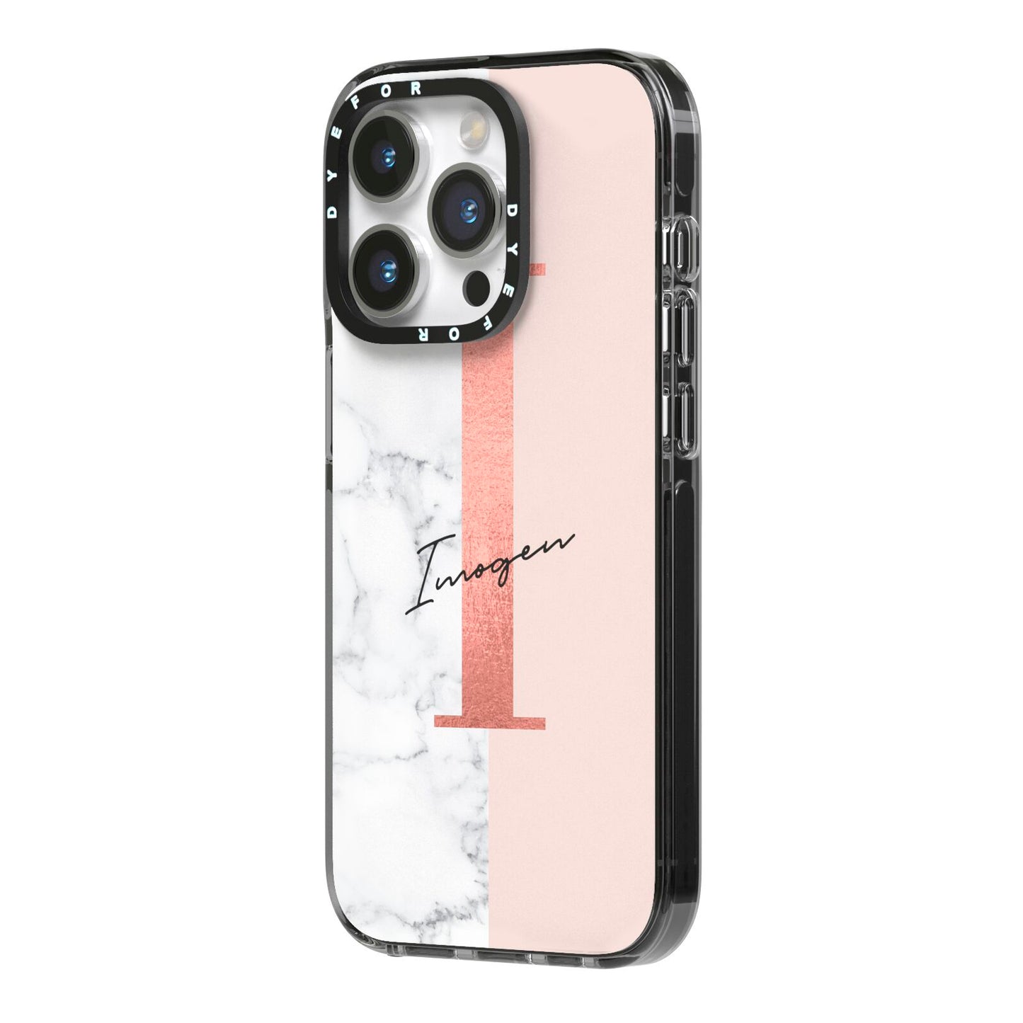 Monogrammed Rose Gold Marble iPhone 14 Pro Black Impact Case Side Angle on Silver phone