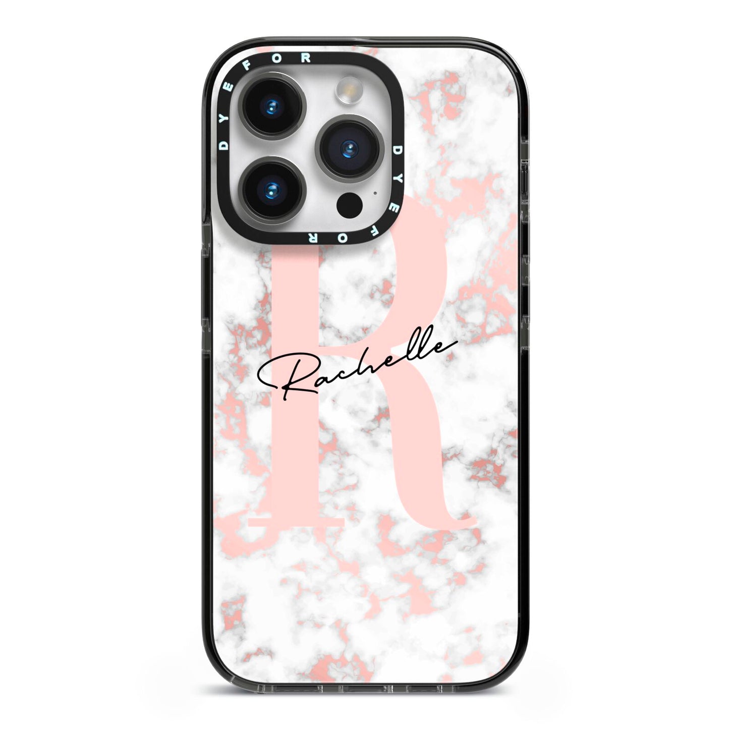Monogrammed Rose Gold Marble iPhone 14 Pro Black Impact Case on Silver phone