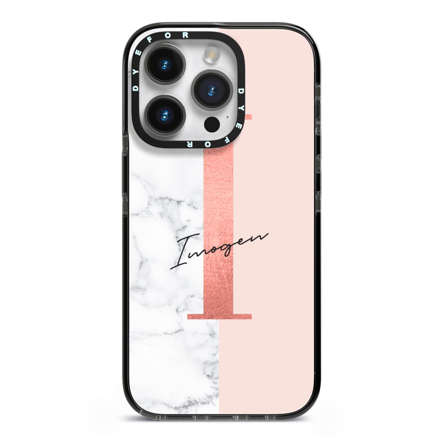 Monogrammed Rose Gold Marble iPhone 14 Pro Black Impact Case on Silver phone