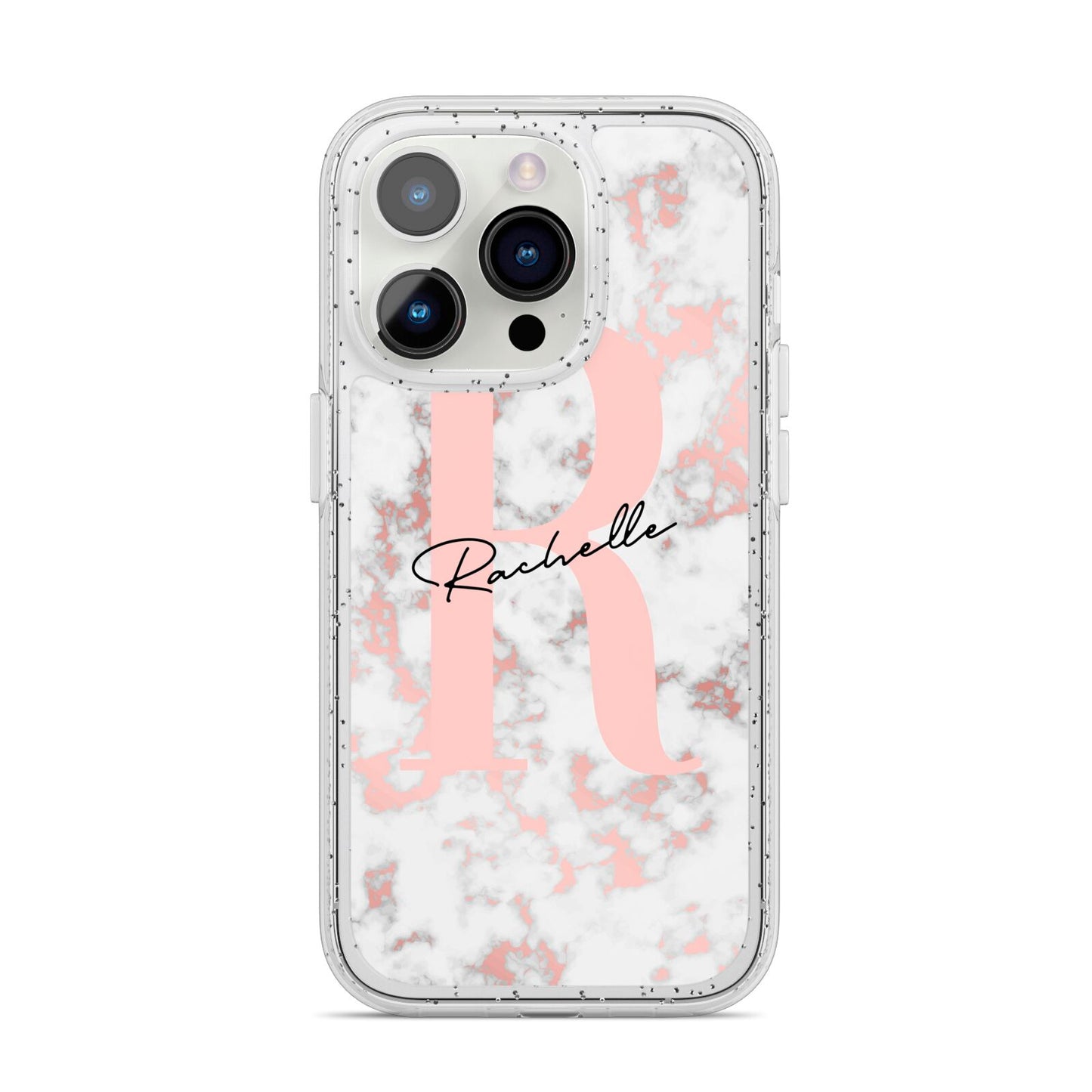 Monogrammed Rose Gold Marble iPhone 14 Pro Glitter Tough Case Silver