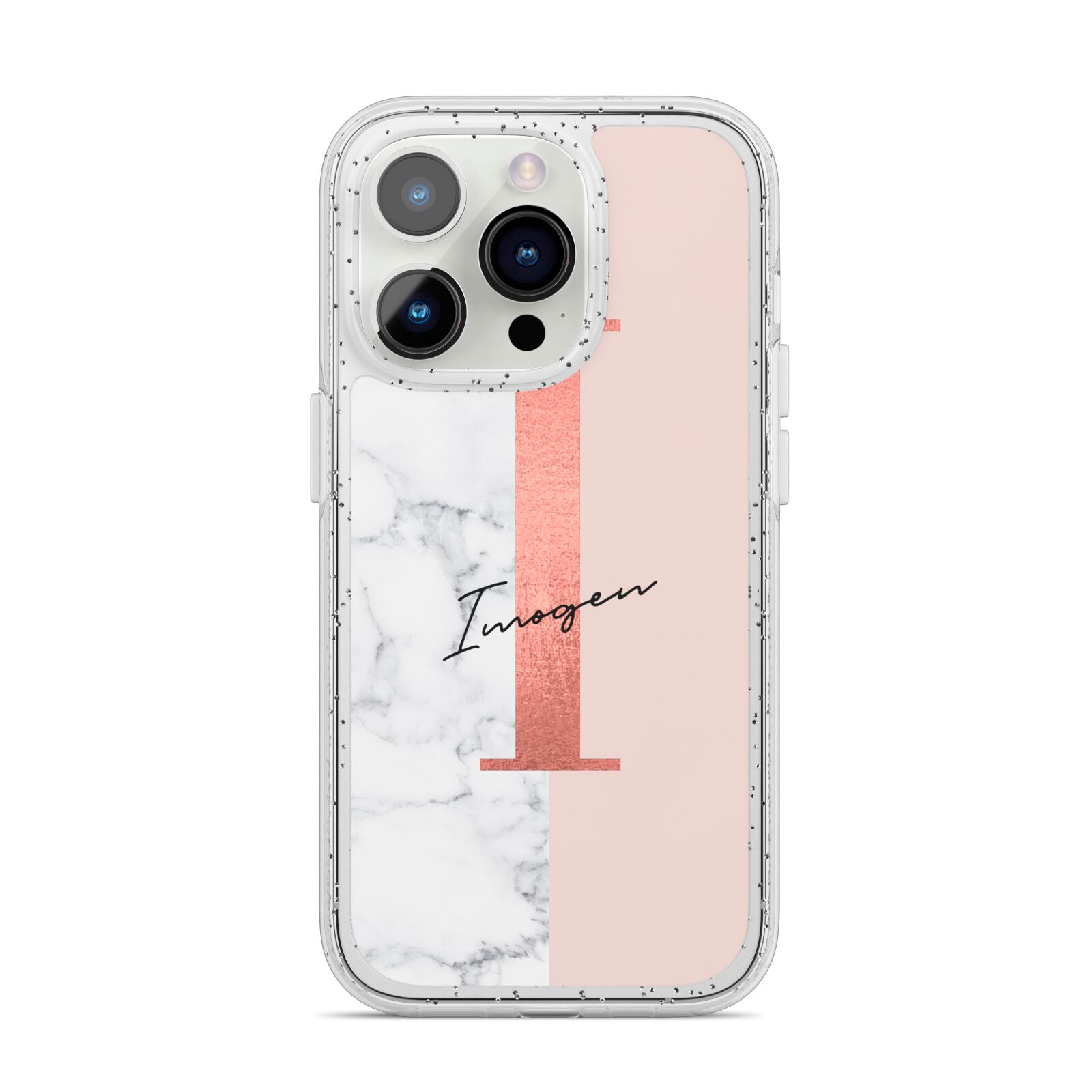 Monogrammed Rose Gold Marble iPhone 14 Pro Glitter Tough Case Silver