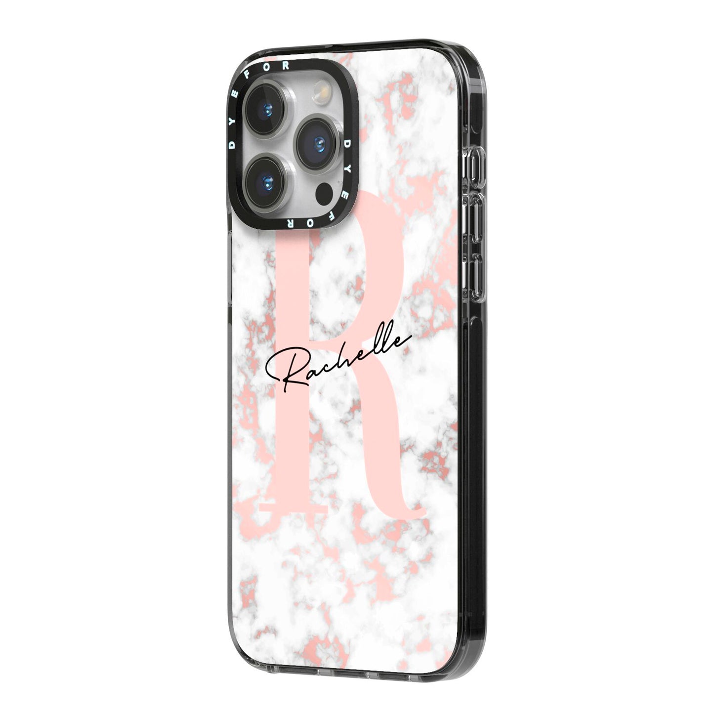 Monogrammed Rose Gold Marble iPhone 14 Pro Max Black Impact Case Side Angle on Silver phone