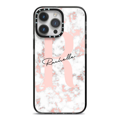Monogrammed Rose Gold Marble iPhone 14 Pro Max Black Impact Case on Silver phone