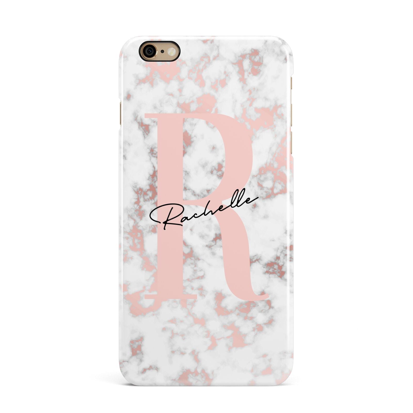 Monogrammed Rose Gold Marble iPhone 6 Plus 3D Snap Case on Gold Phone