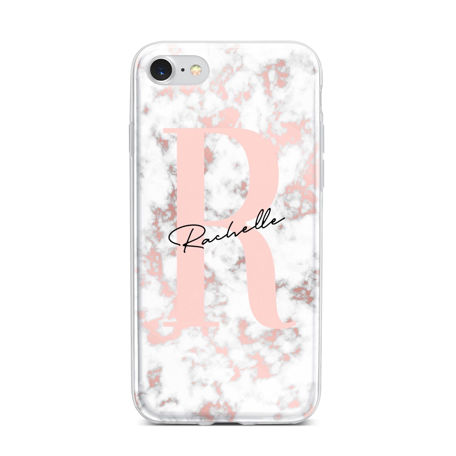 Monogrammed Rose Gold Marble iPhone 7 Bumper Case on Silver iPhone