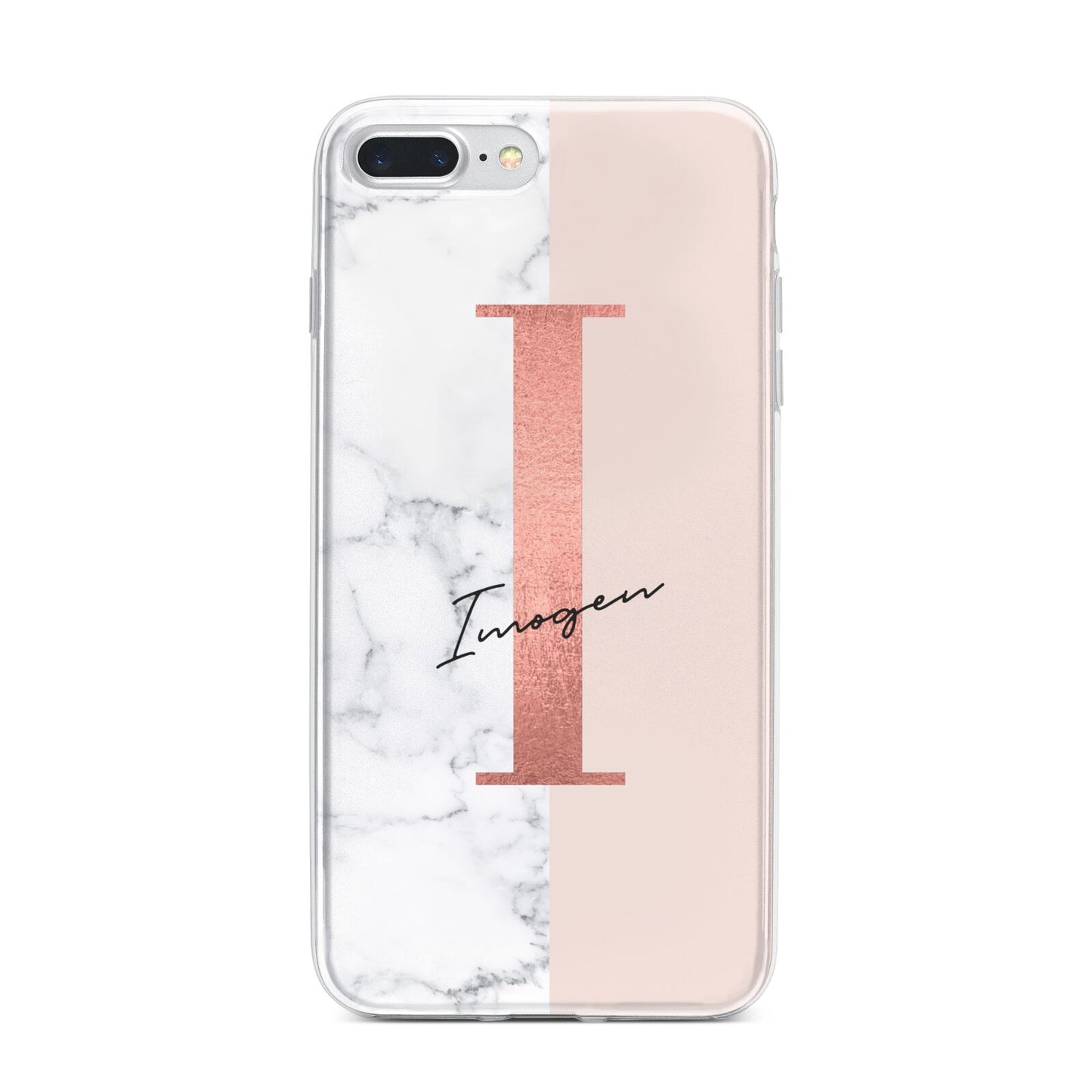 Monogrammed Rose Gold Marble iPhone 7 Plus Bumper Case on Silver iPhone