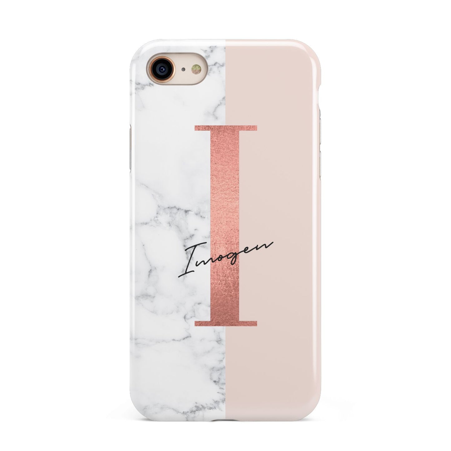 Monogrammed Rose Gold Marble iPhone 8 3D Tough Case on Gold Phone