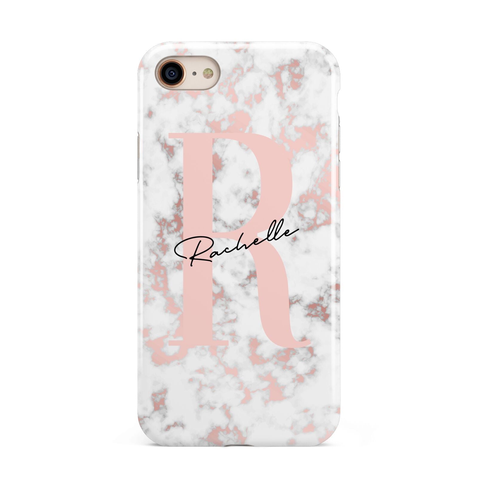 Monogrammed Rose Gold Marble iPhone 8 3D Tough Case on Gold Phone