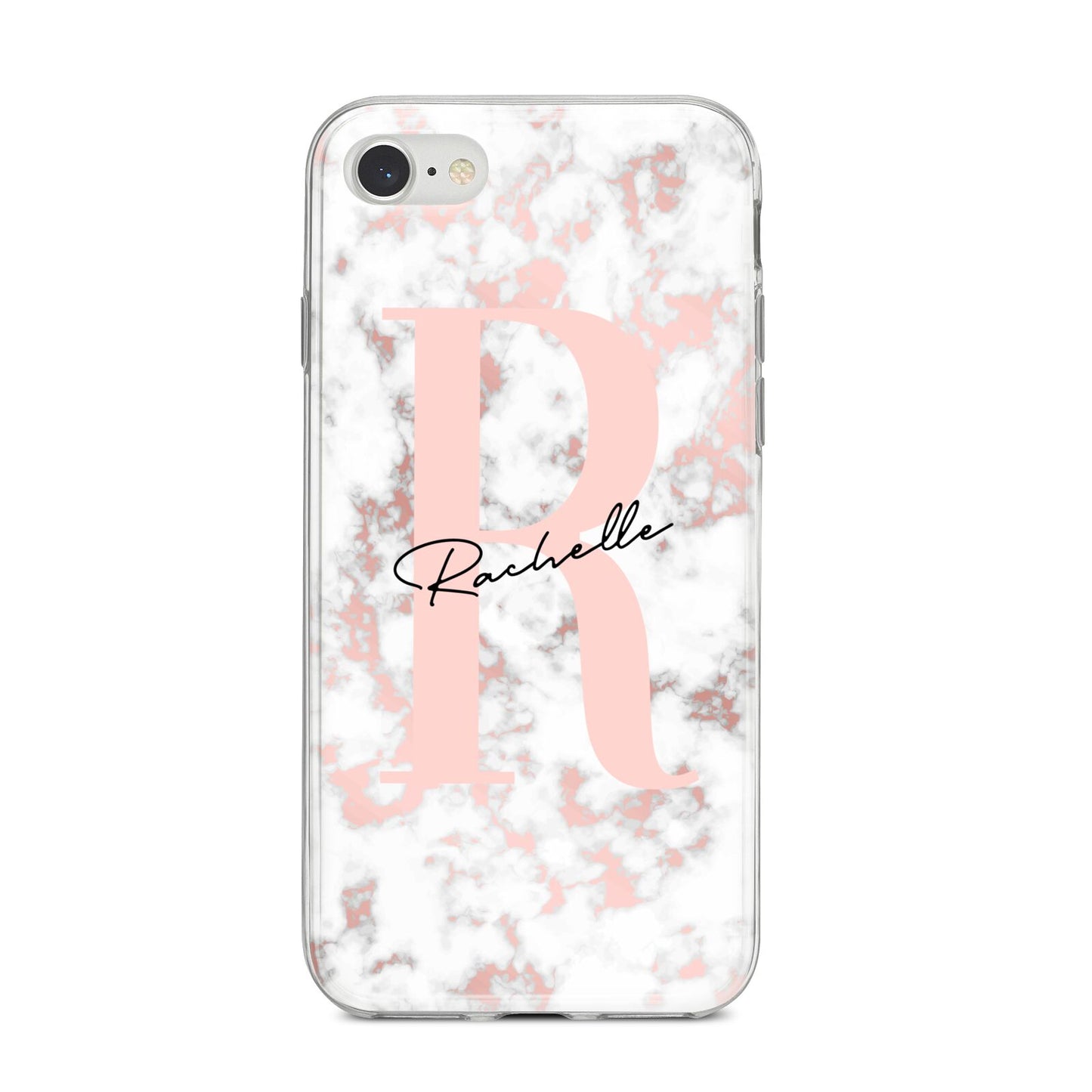 Monogrammed Rose Gold Marble iPhone 8 Bumper Case on Silver iPhone