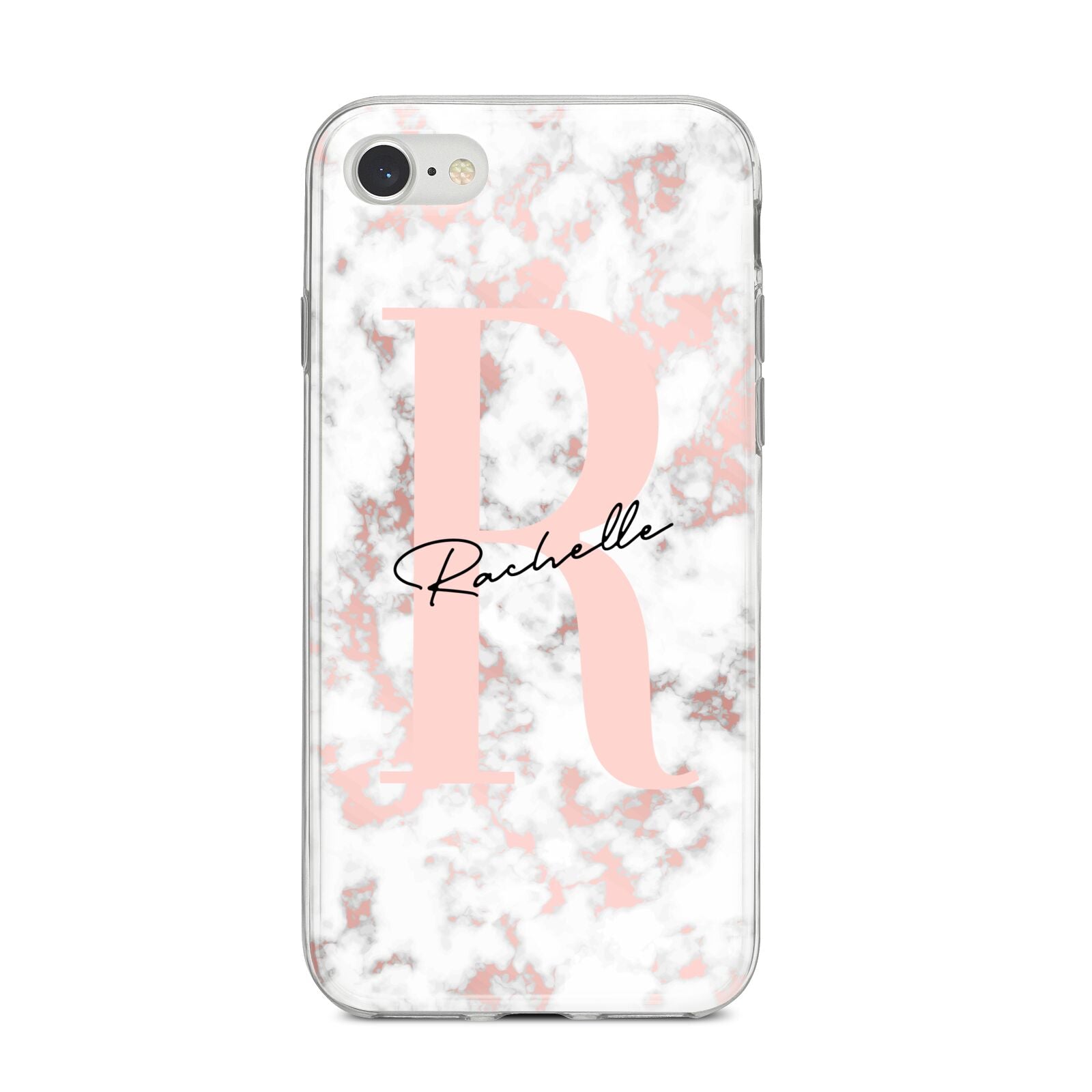 Monogrammed Rose Gold Marble iPhone 8 Bumper Case on Silver iPhone