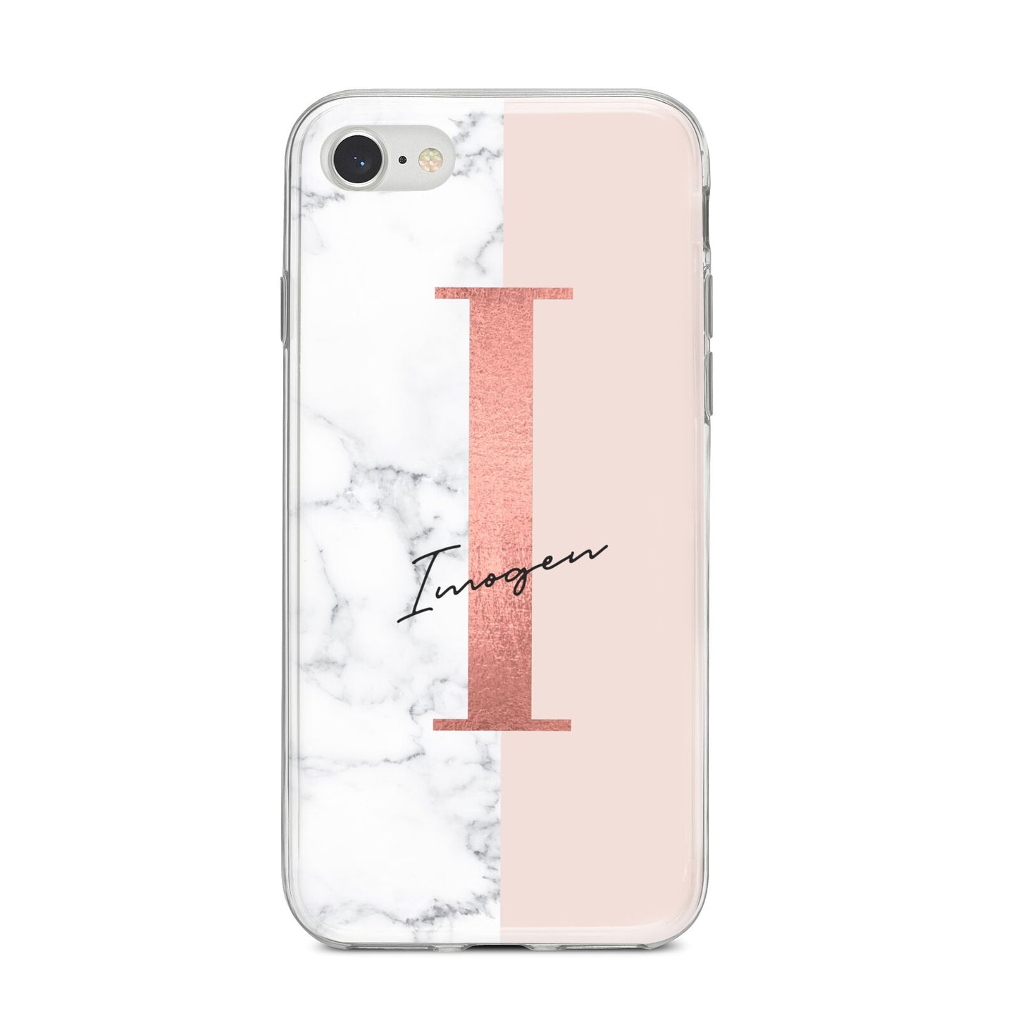 Monogrammed Rose Gold Marble iPhone 8 Bumper Case on Silver iPhone