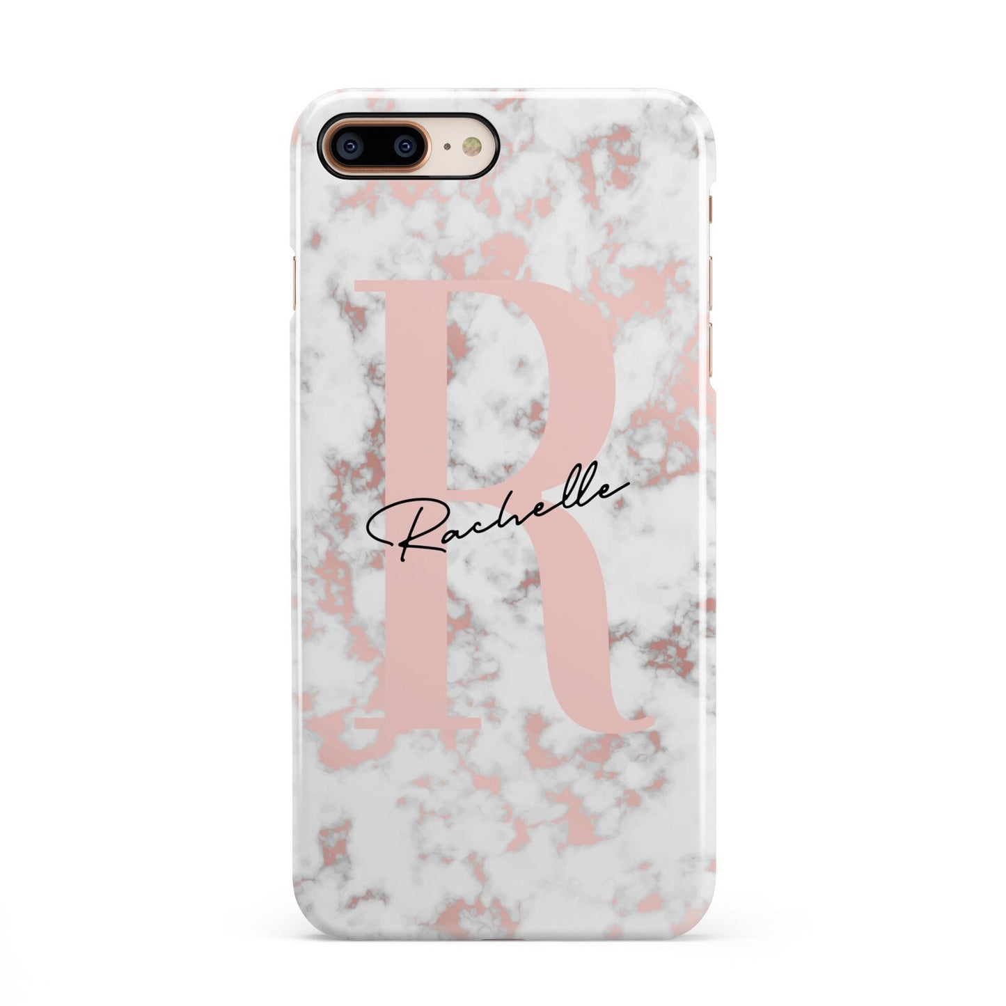 Monogrammed Rose Gold Marble iPhone 8 Plus 3D Snap Case on Gold Phone