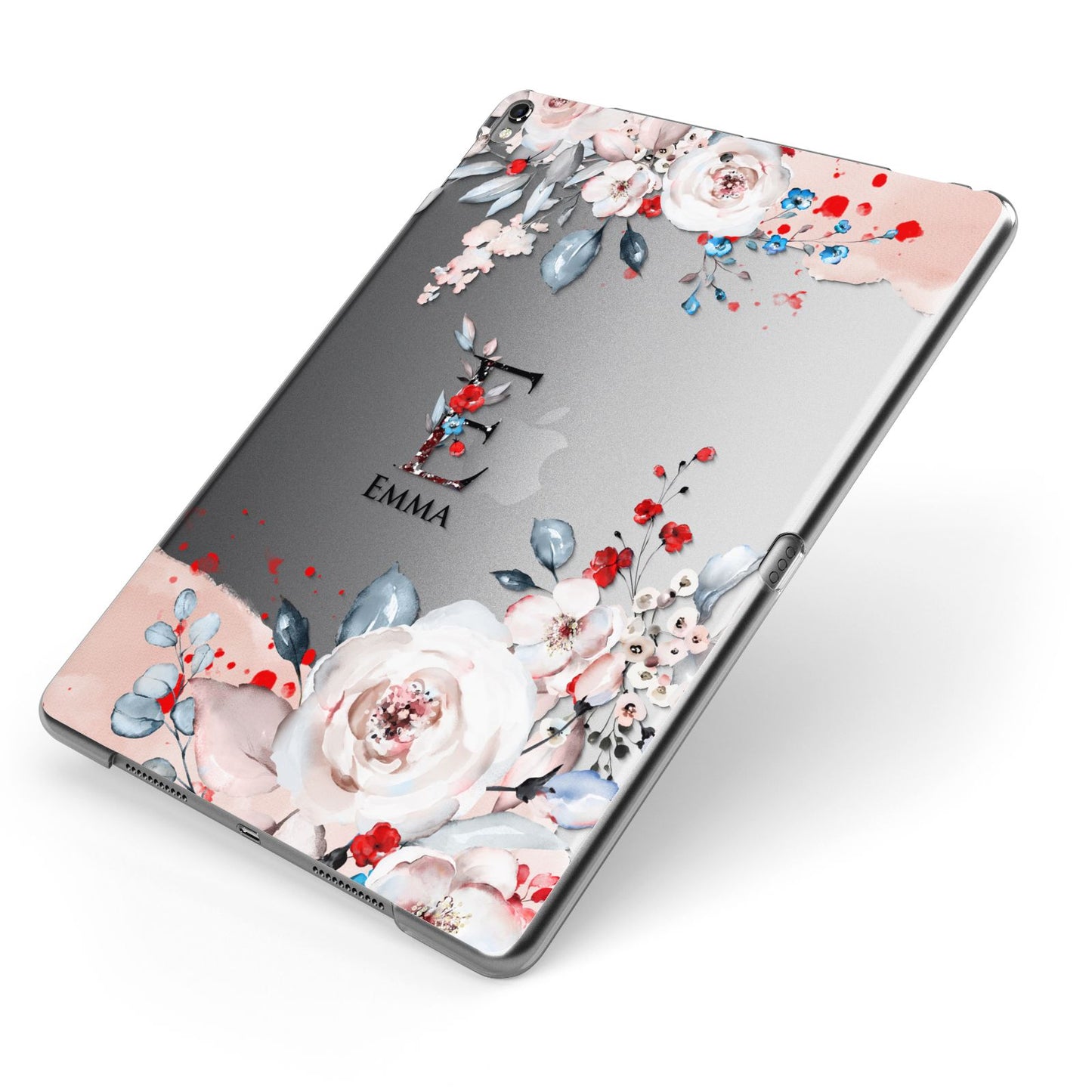 Monogrammed Roses Floral Wreath Apple iPad Case on Grey iPad Side View