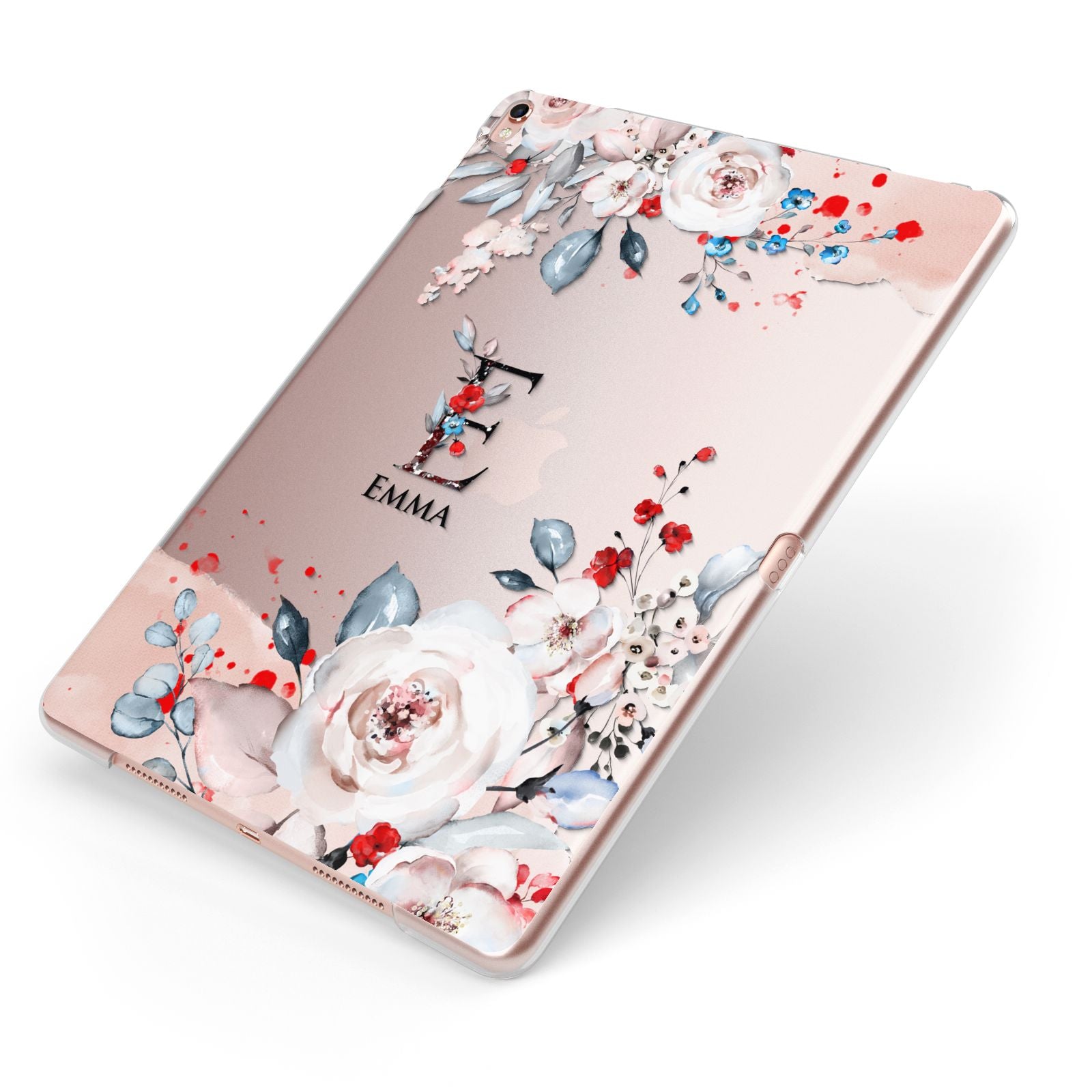 Monogrammed Roses Floral Wreath Apple iPad Case on Rose Gold iPad Side View