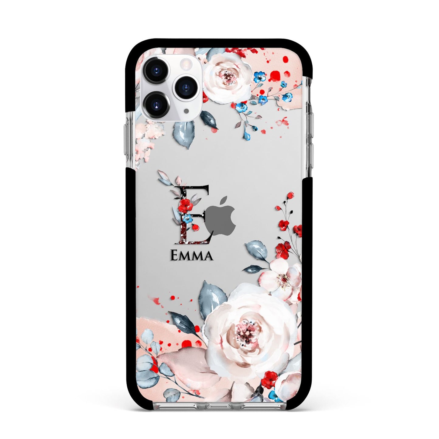 Monogrammed Roses Floral Wreath Apple iPhone 11 Pro Max in Silver with Black Impact Case