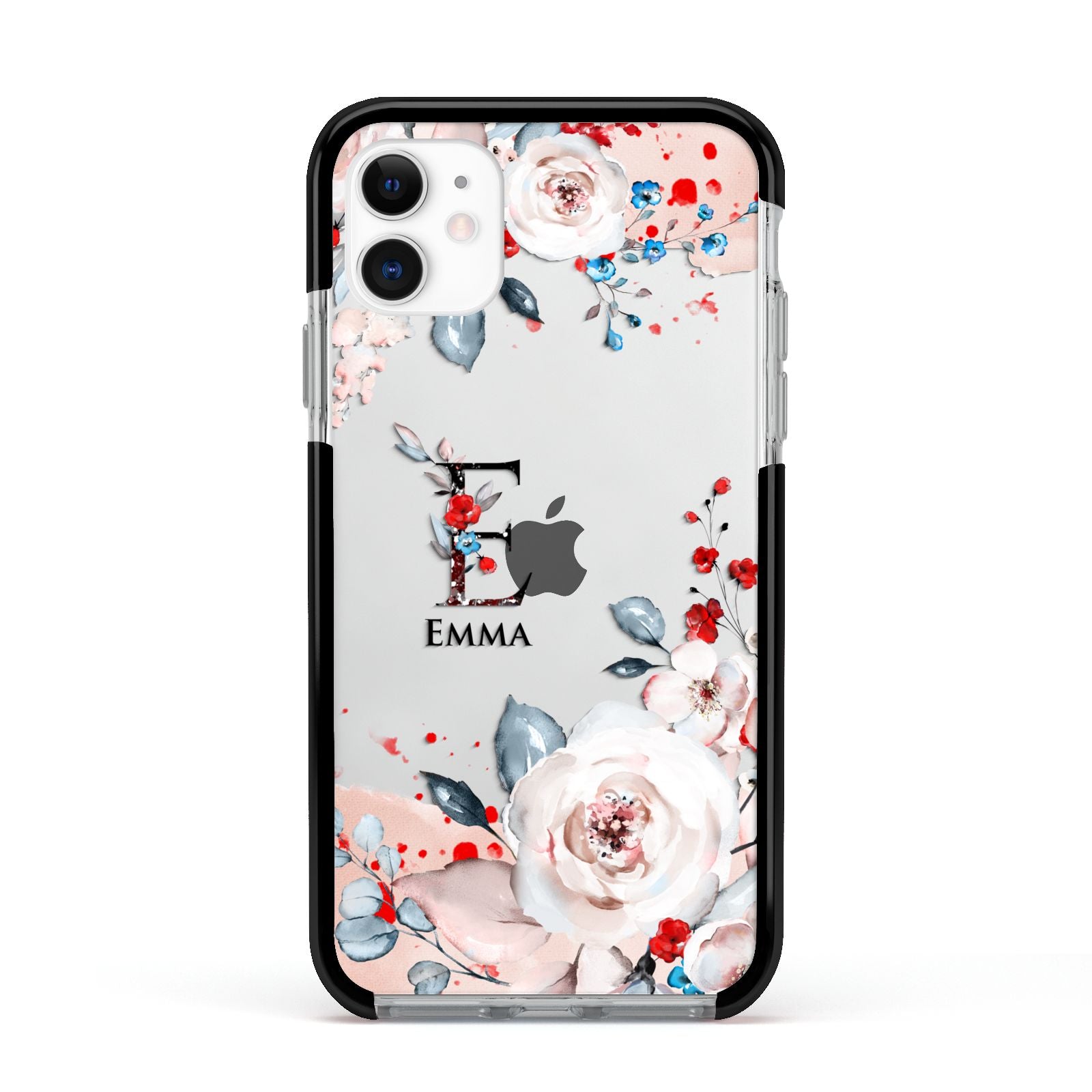 Monogrammed Roses Floral Wreath Apple iPhone 11 in White with Black Impact Case