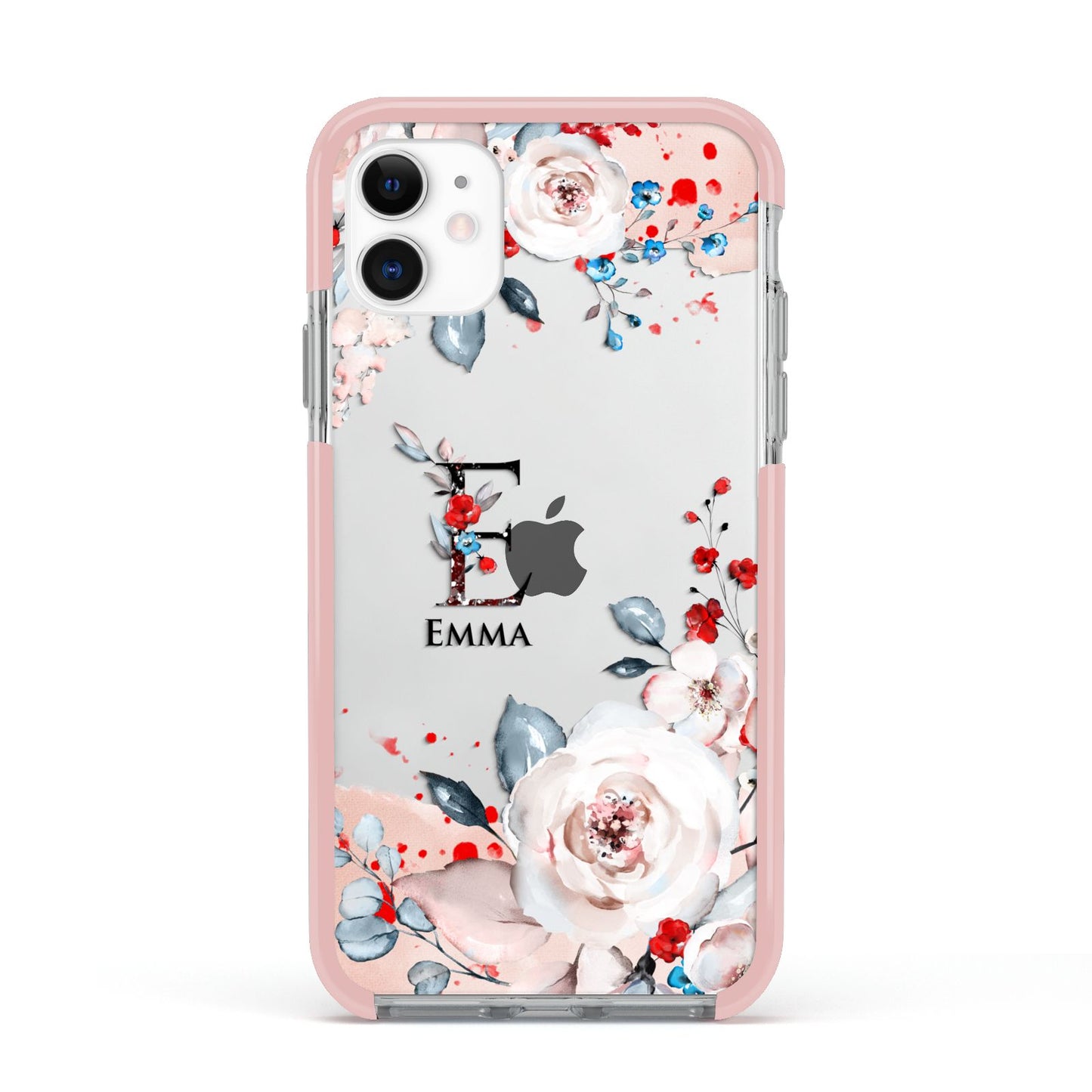 Monogrammed Roses Floral Wreath Apple iPhone 11 in White with Pink Impact Case