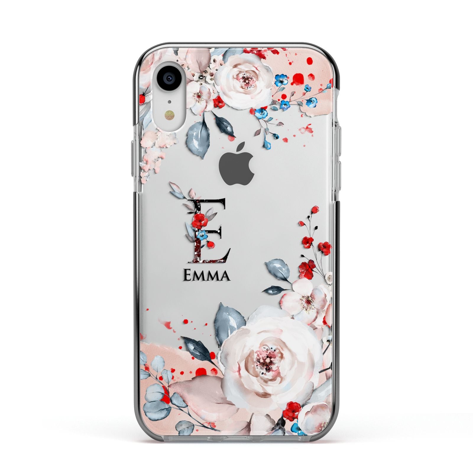 Monogrammed Roses Floral Wreath Apple iPhone XR Impact Case Black Edge on Silver Phone