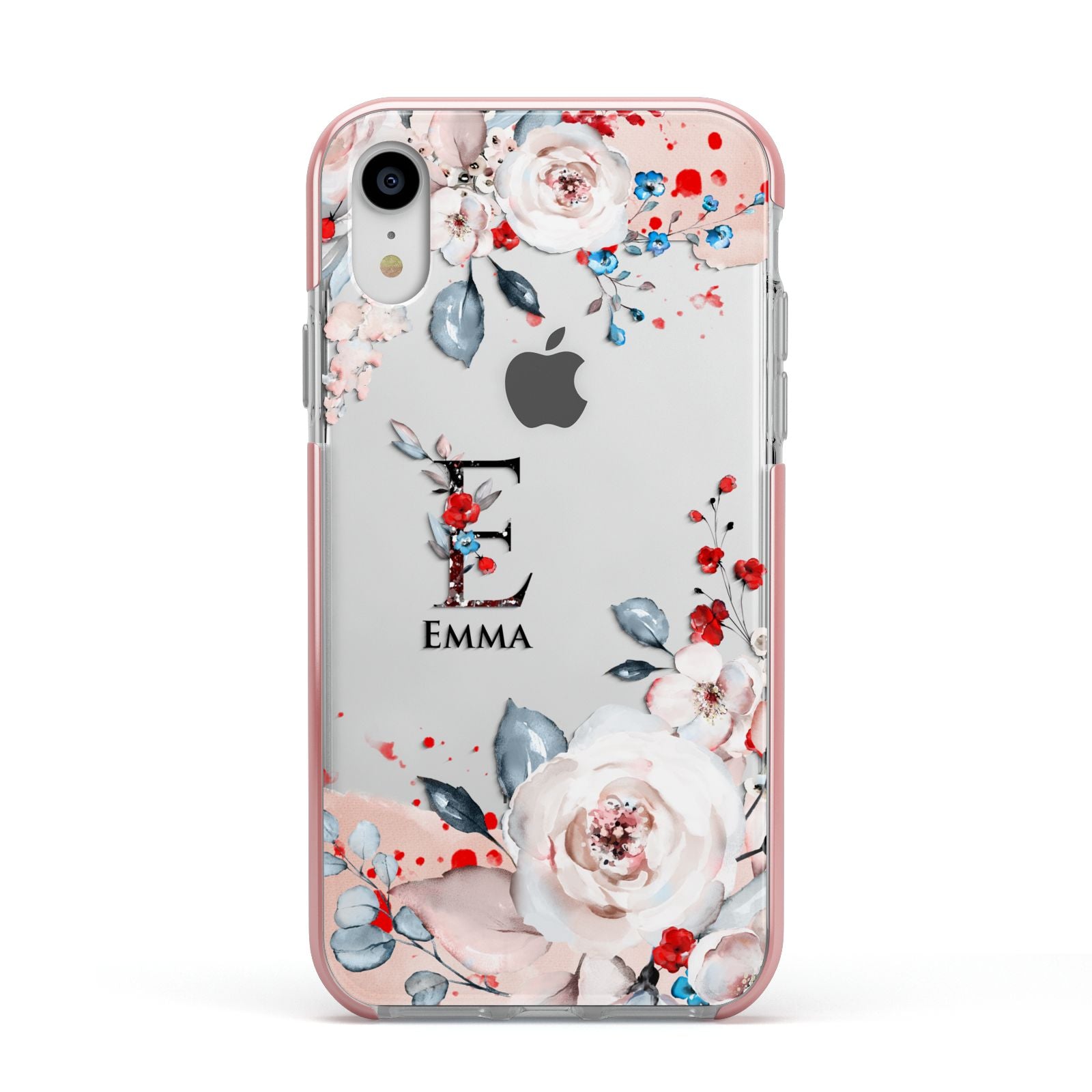 Monogrammed Roses Floral Wreath Apple iPhone XR Impact Case Pink Edge on Silver Phone