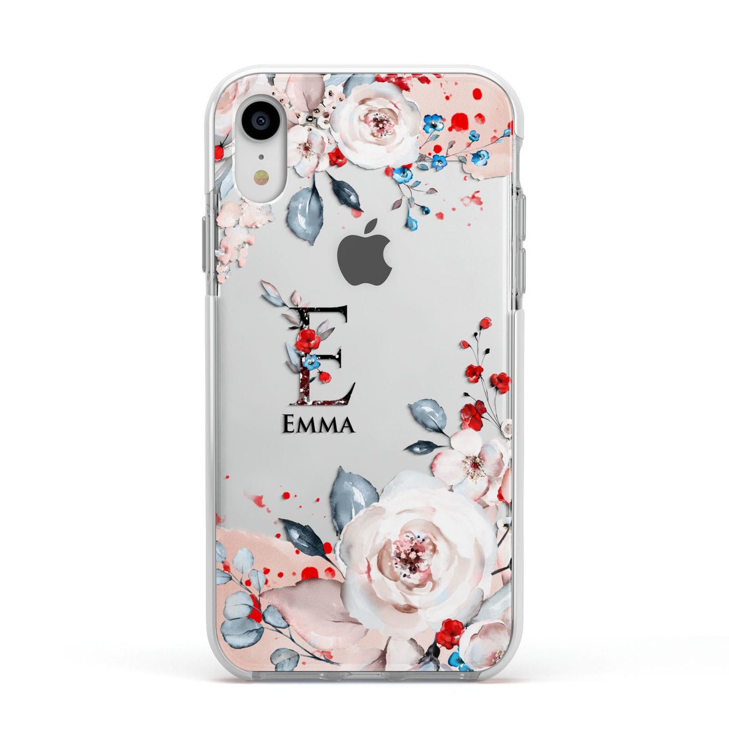 Monogrammed Roses Floral Wreath Apple iPhone XR Impact Case White Edge on Silver Phone