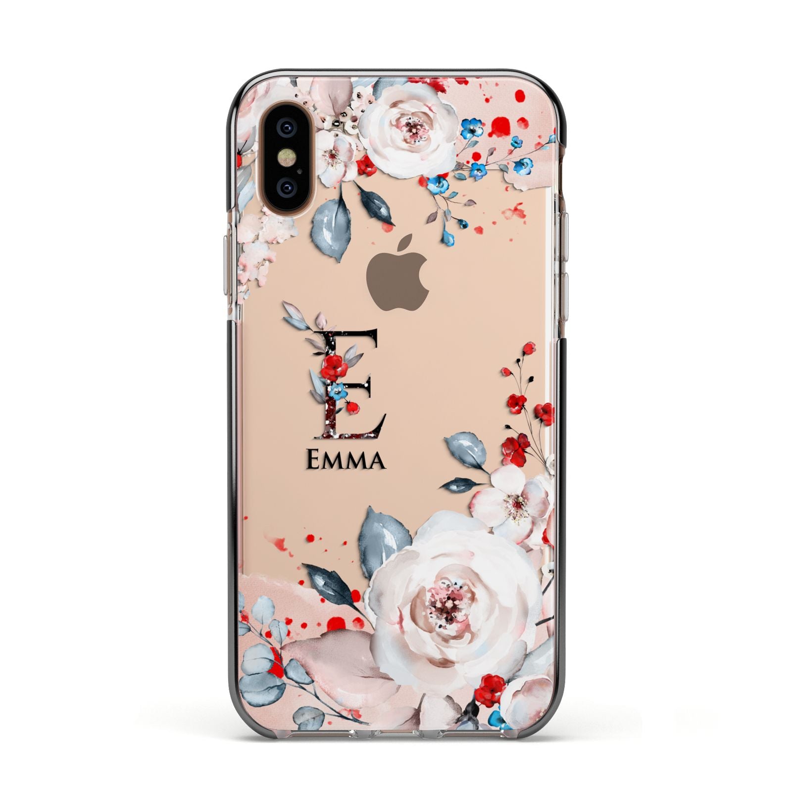 Monogrammed Roses Floral Wreath Apple iPhone Xs Impact Case Black Edge on Gold Phone