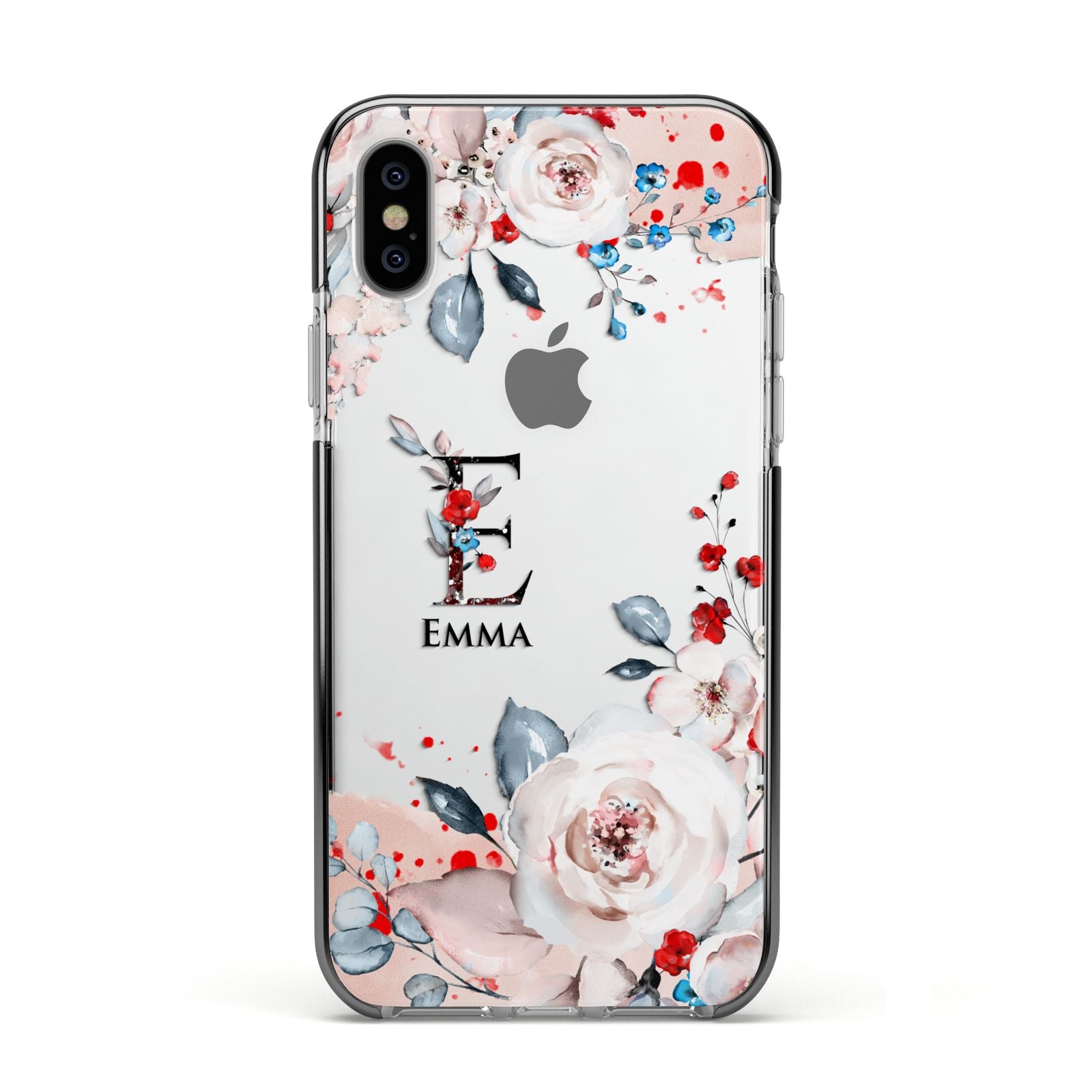 Monogrammed Roses Floral Wreath Apple iPhone Xs Impact Case Black Edge on Silver Phone