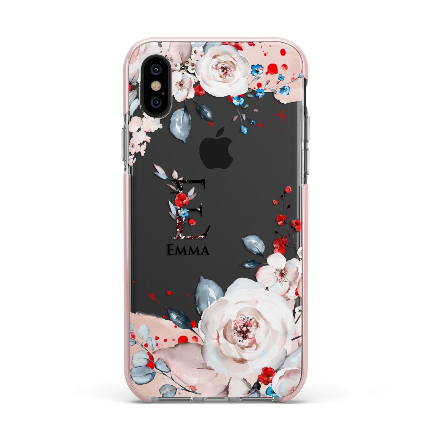 Monogrammed Roses Floral Wreath Apple iPhone Xs Impact Case Pink Edge on Black Phone