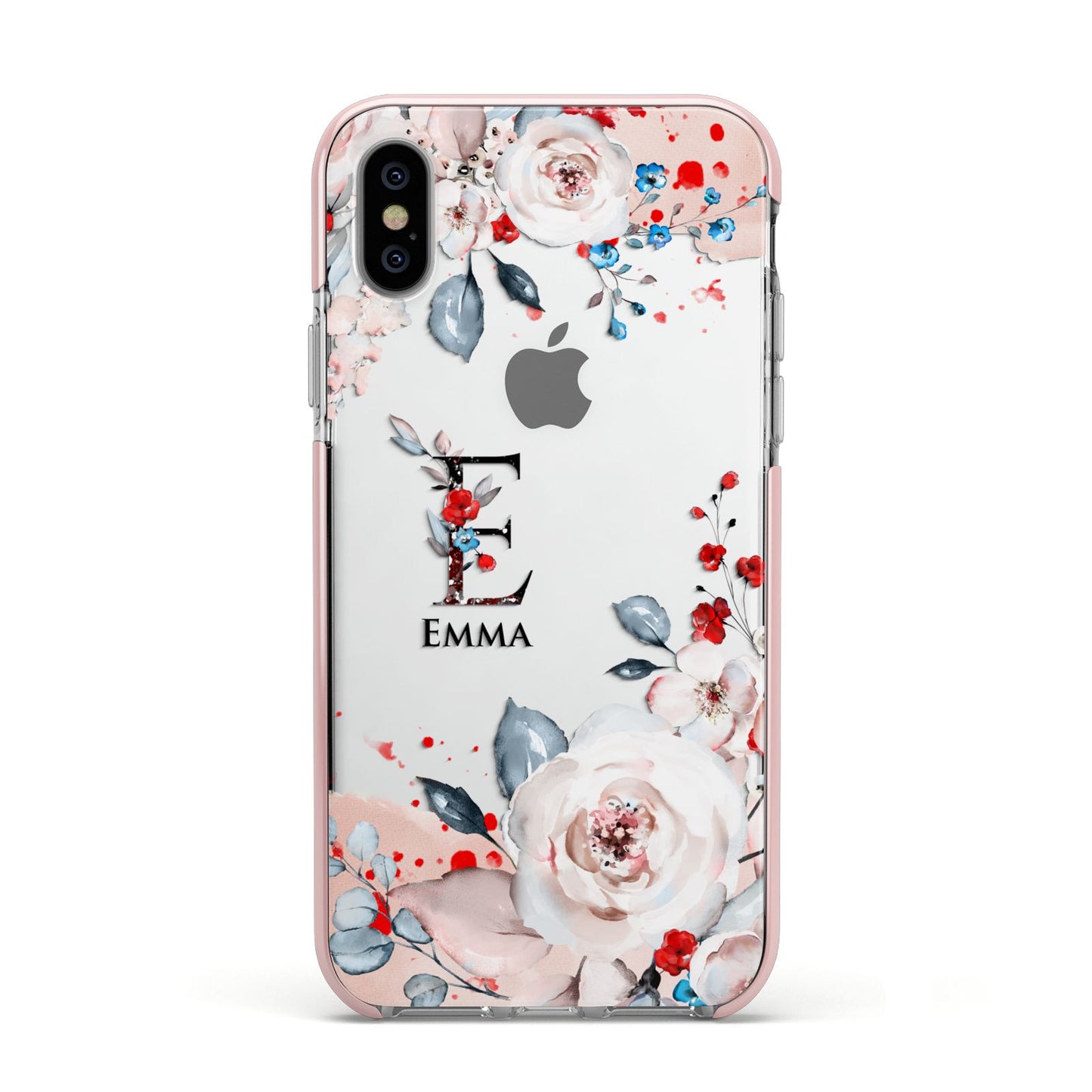 Monogrammed Roses Floral Wreath Apple iPhone Xs Impact Case Pink Edge on Silver Phone
