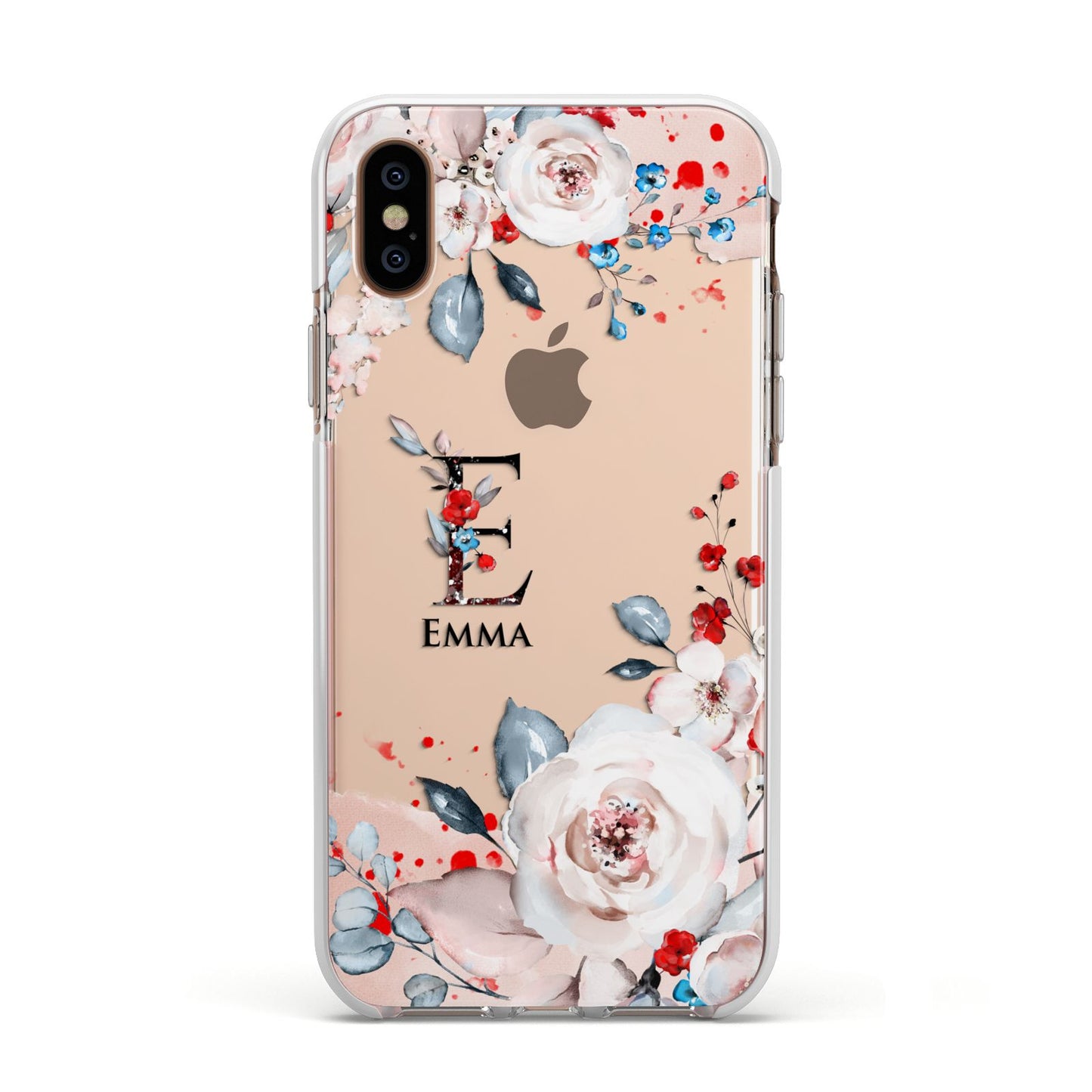 Monogrammed Roses Floral Wreath Apple iPhone Xs Impact Case White Edge on Gold Phone