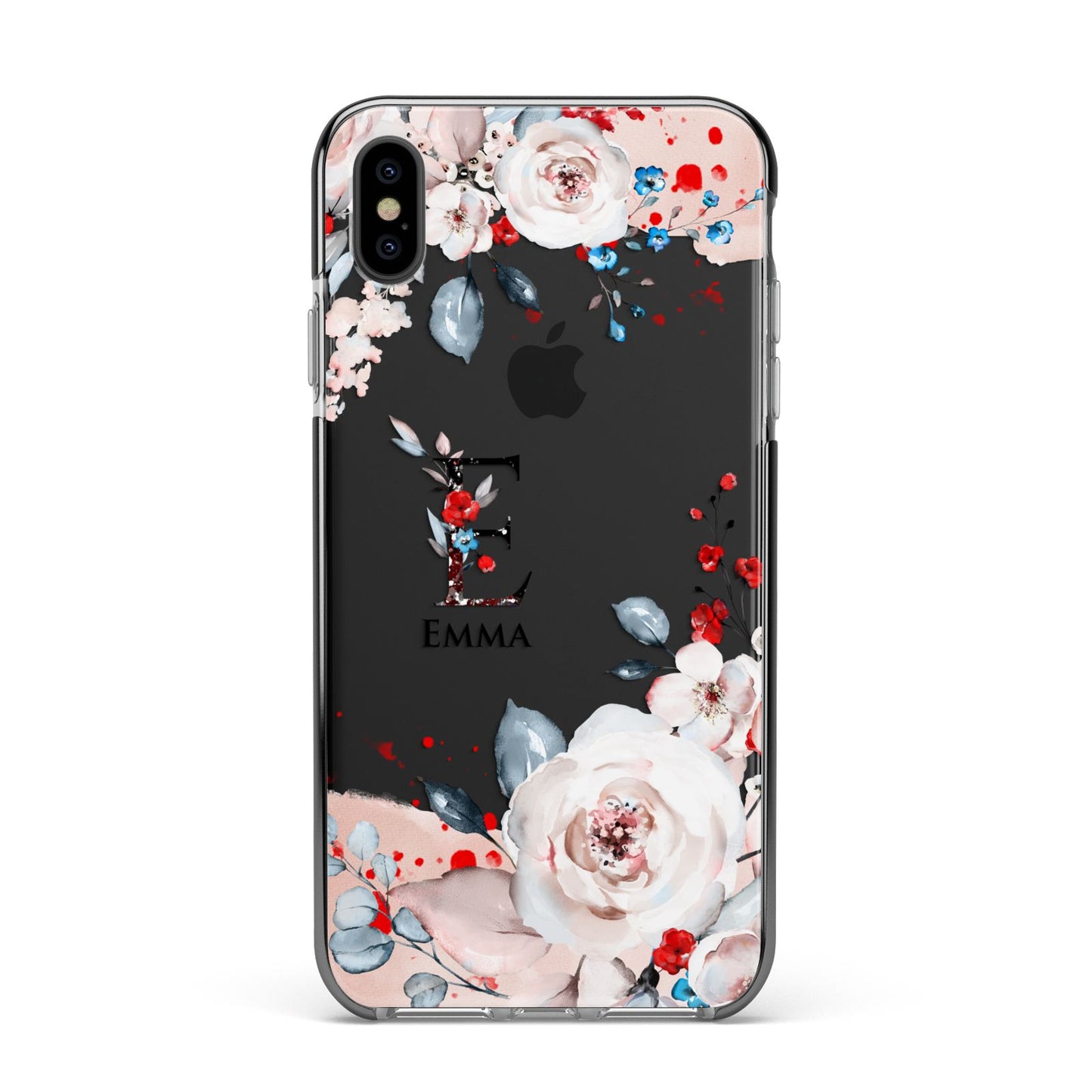 Monogrammed Roses Floral Wreath Apple iPhone Xs Max Impact Case Black Edge on Black Phone
