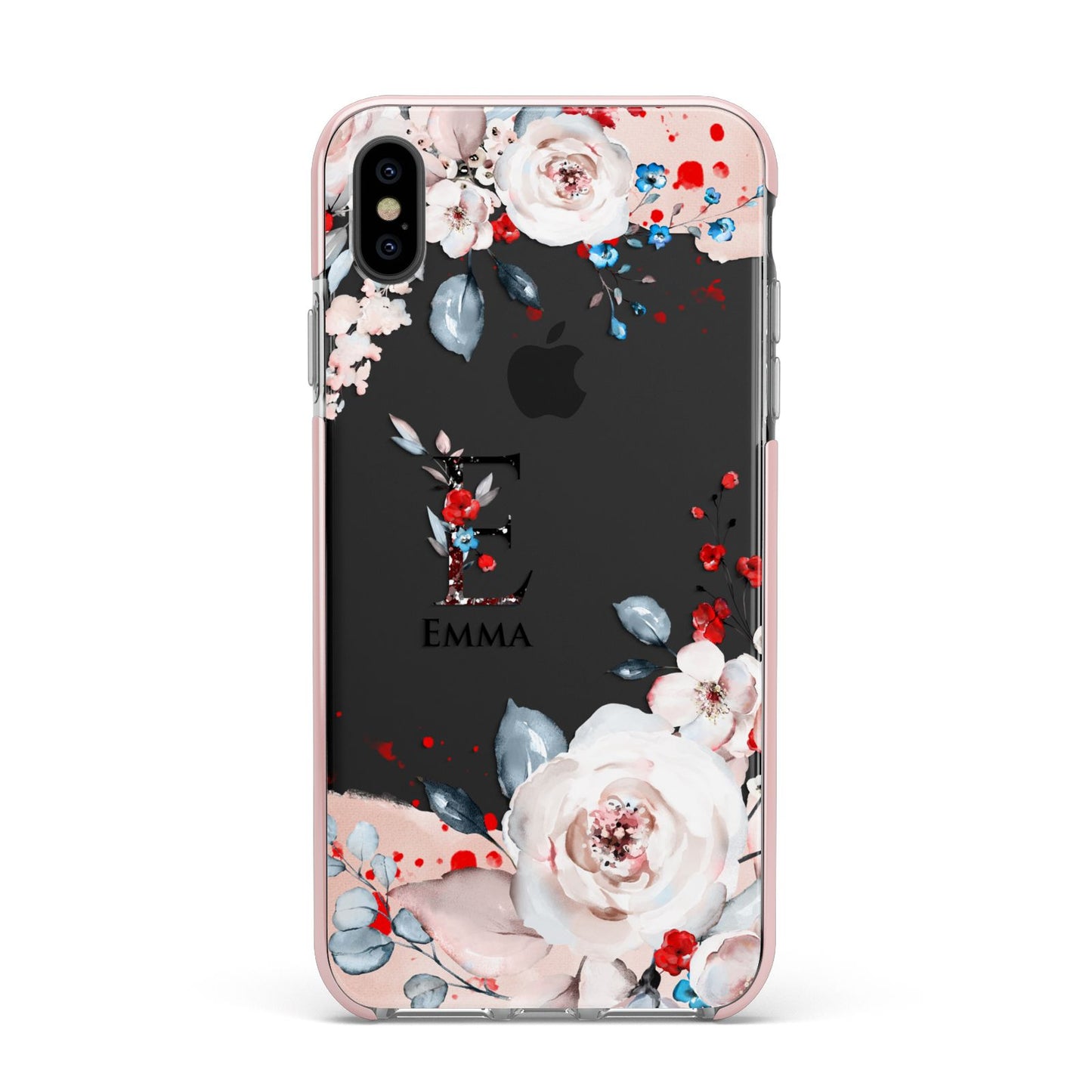 Monogrammed Roses Floral Wreath Apple iPhone Xs Max Impact Case Pink Edge on Black Phone