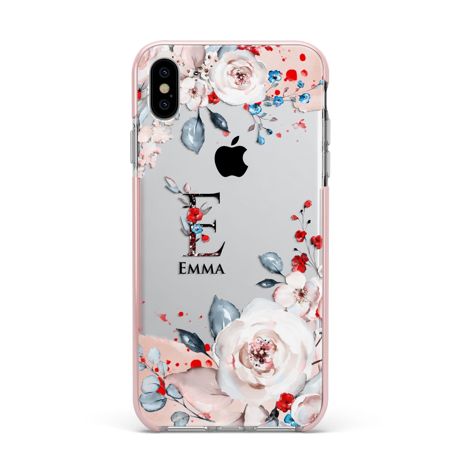 Monogrammed Roses Floral Wreath Apple iPhone Xs Max Impact Case Pink Edge on Silver Phone