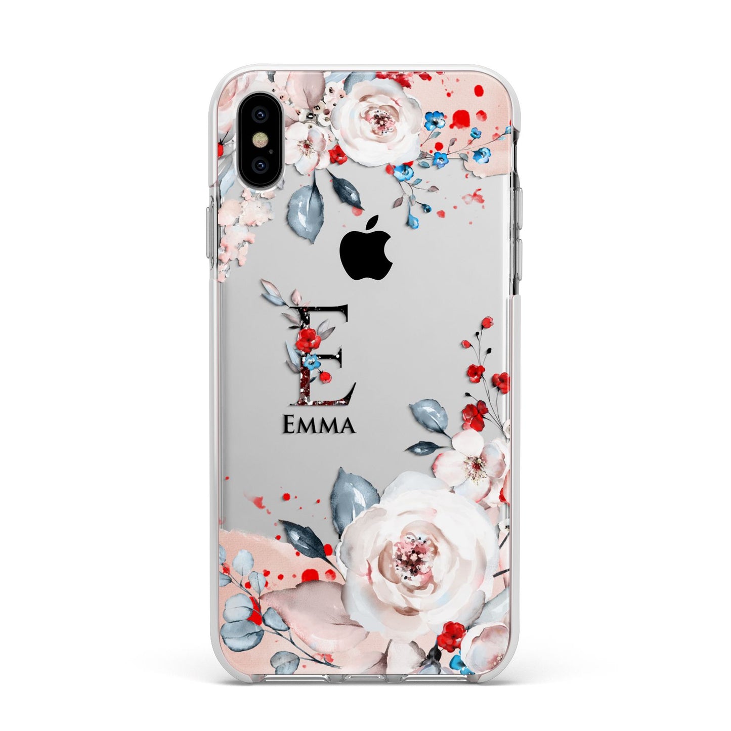 Monogrammed Roses Floral Wreath Apple iPhone Xs Max Impact Case White Edge on Silver Phone