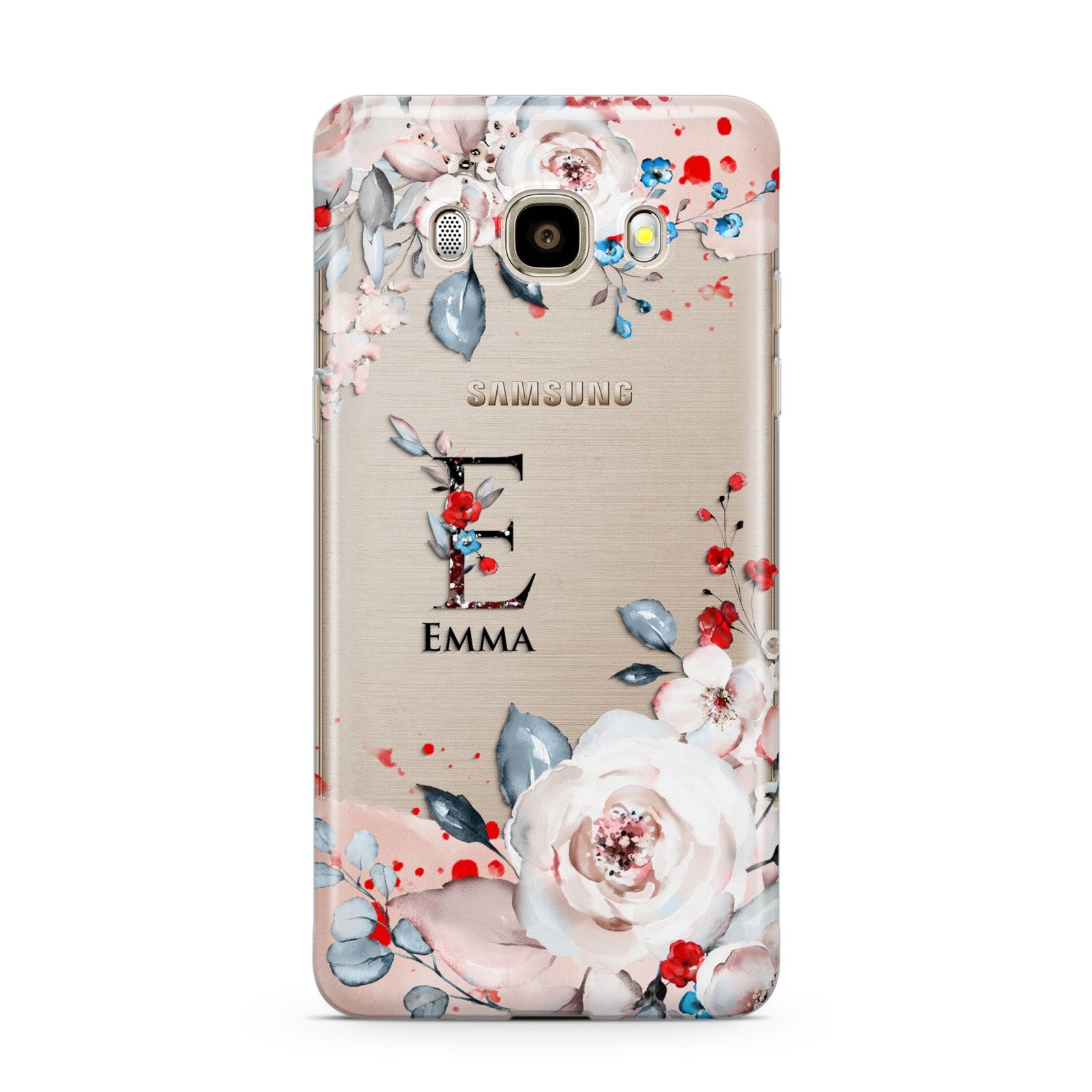 Monogrammed Roses Floral Wreath Samsung Galaxy J7 2016 Case on gold phone
