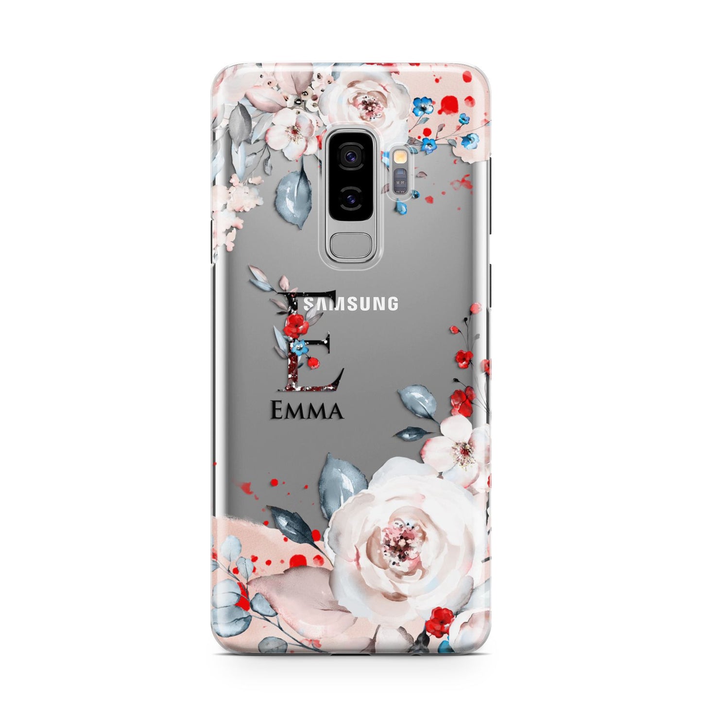 Monogrammed Roses Floral Wreath Samsung Galaxy S9 Plus Case on Silver phone
