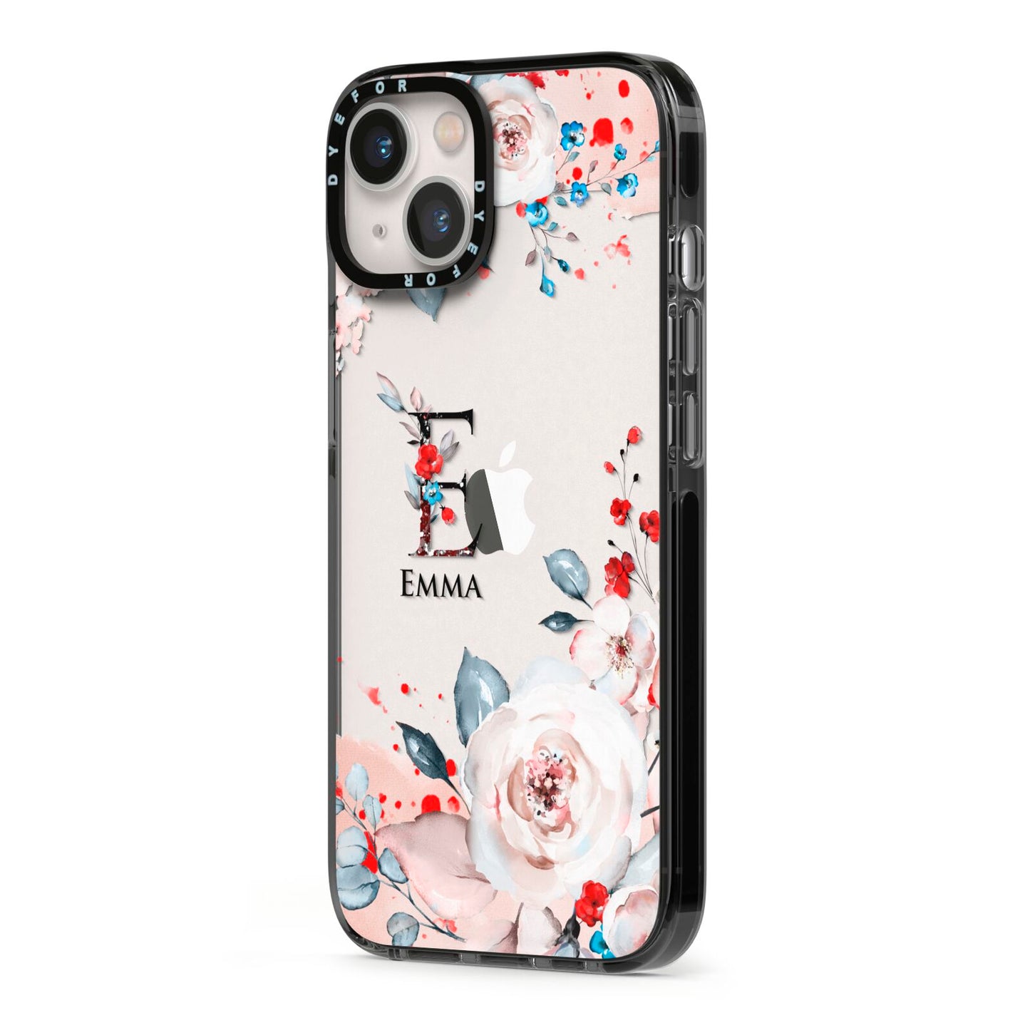 Monogrammed Roses Floral Wreath iPhone 13 Black Impact Case Side Angle on Silver phone