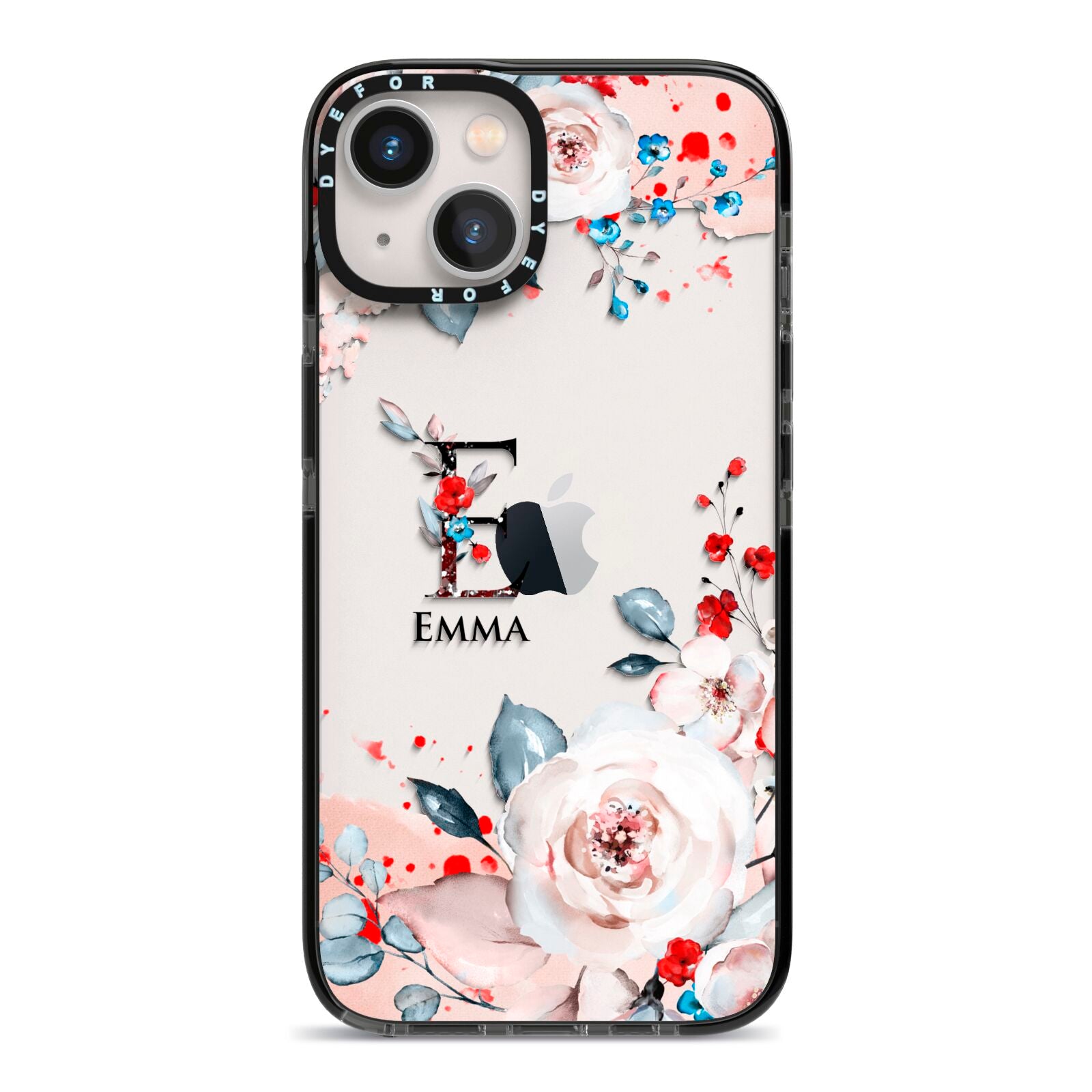 Monogrammed Roses Floral Wreath iPhone 13 Black Impact Case on Silver phone