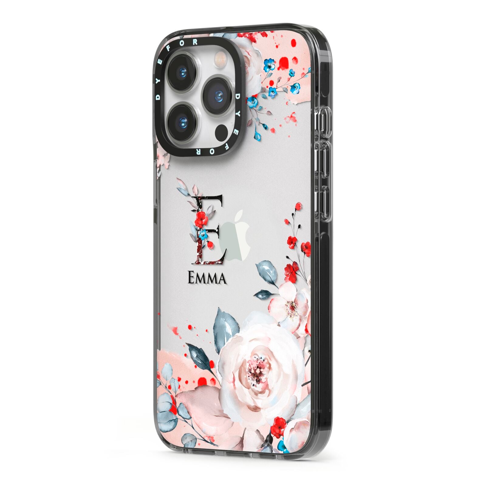 Monogrammed Roses Floral Wreath iPhone 13 Pro Black Impact Case Side Angle on Silver phone