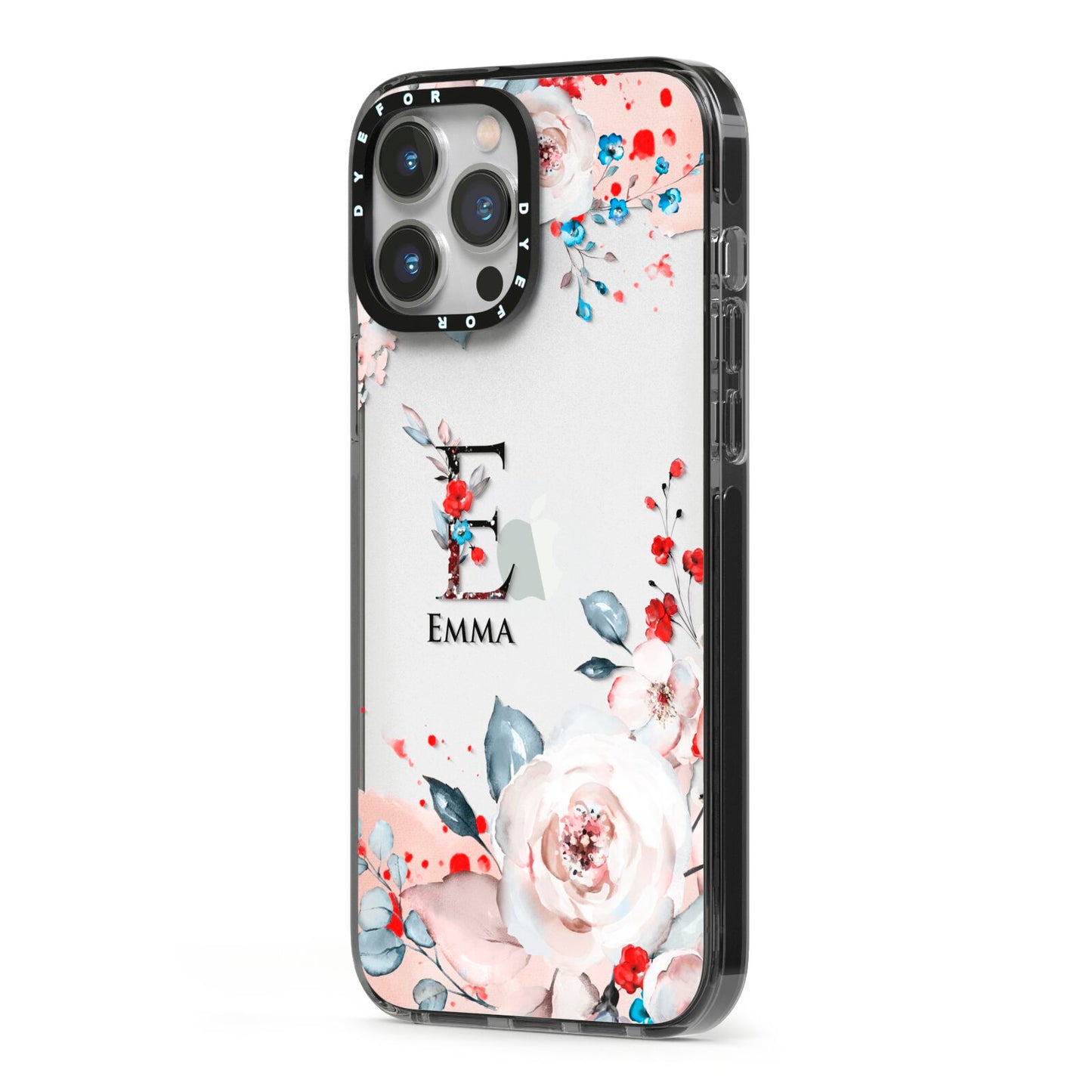 Monogrammed Roses Floral Wreath iPhone 13 Pro Max Black Impact Case Side Angle on Silver phone