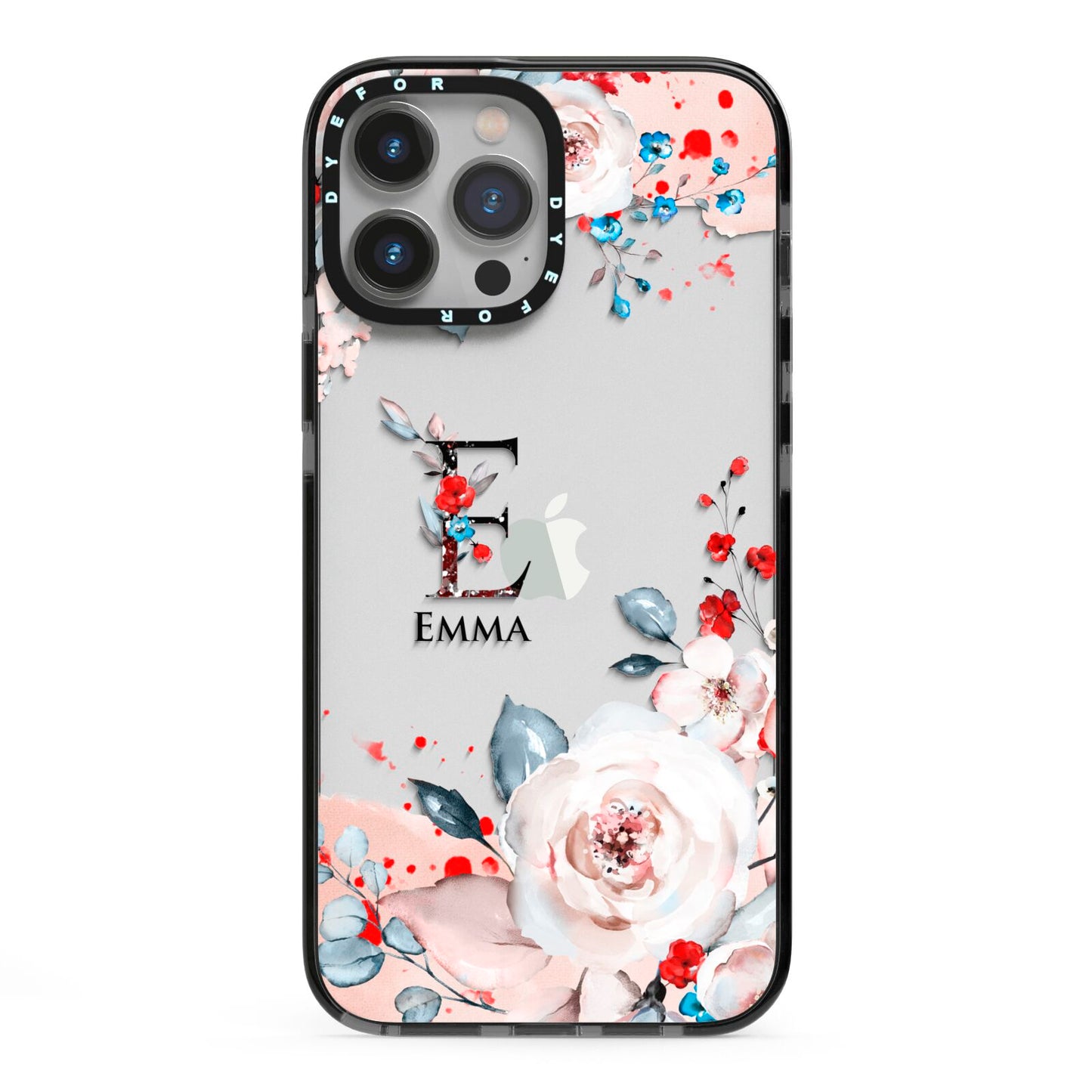 Monogrammed Roses Floral Wreath iPhone 13 Pro Max Black Impact Case on Silver phone