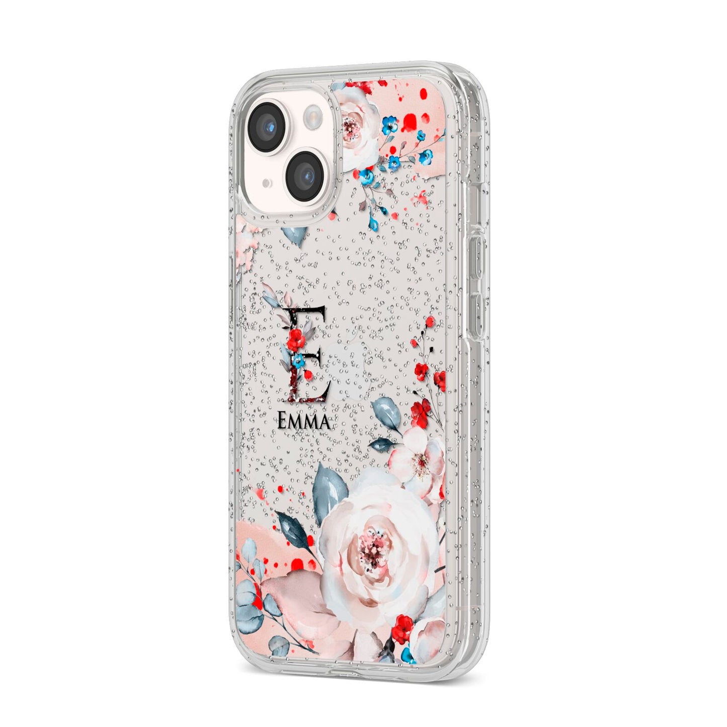 Monogrammed Roses Floral Wreath iPhone 14 Glitter Tough Case Starlight Angled Image