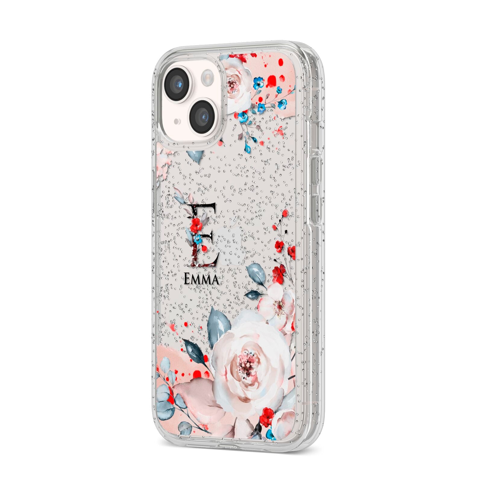 Monogrammed Roses Floral Wreath iPhone 14 Glitter Tough Case Starlight Angled Image