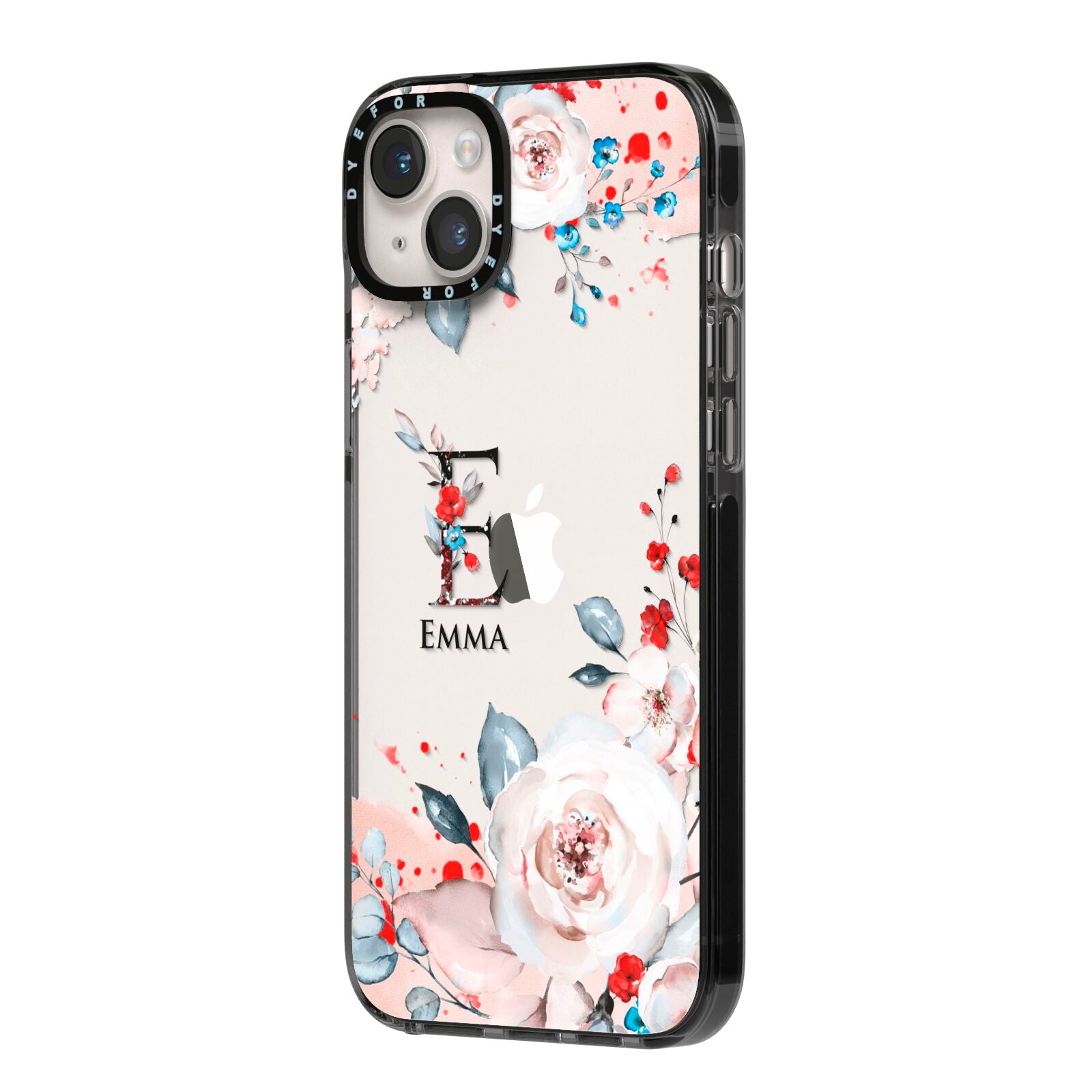 Monogrammed Roses Floral Wreath iPhone 14 Plus Black Impact Case Side Angle on Silver phone