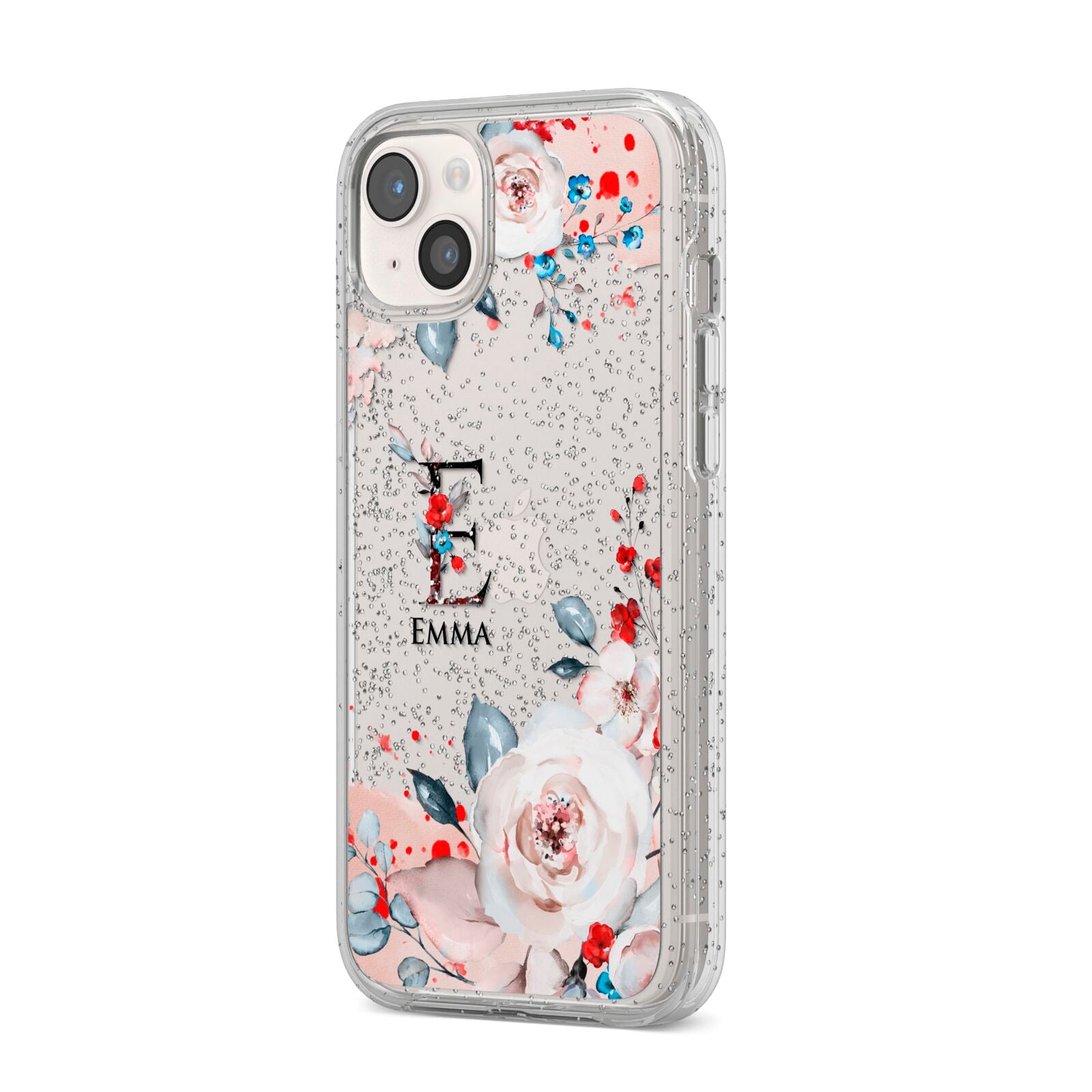 Monogrammed Roses Floral Wreath iPhone 14 Plus Glitter Tough Case Starlight Angled Image