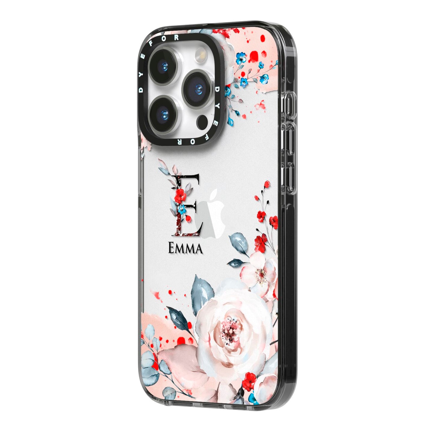 Monogrammed Roses Floral Wreath iPhone 14 Pro Black Impact Case Side Angle on Silver phone