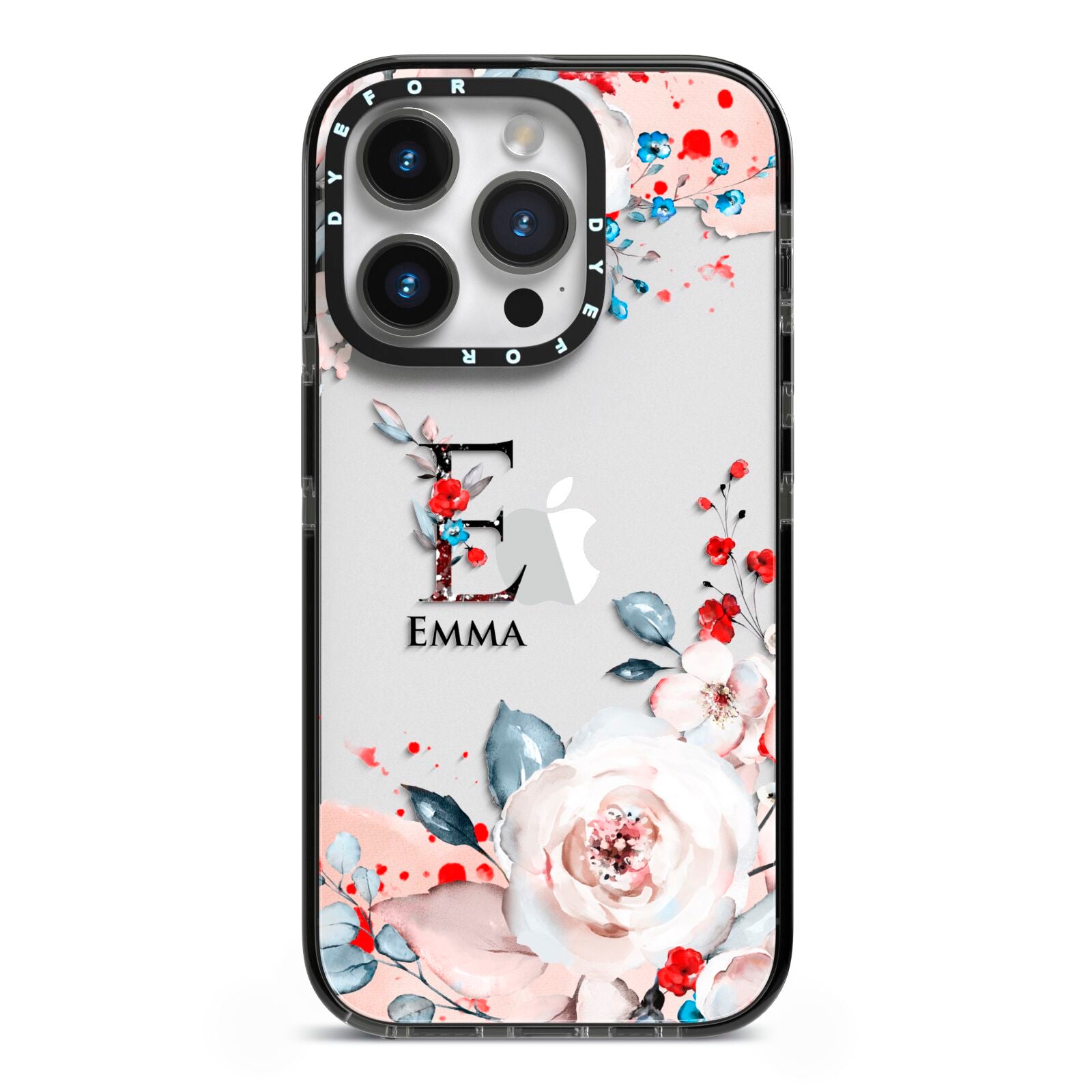 Monogrammed Roses Floral Wreath iPhone 14 Pro Black Impact Case on Silver phone